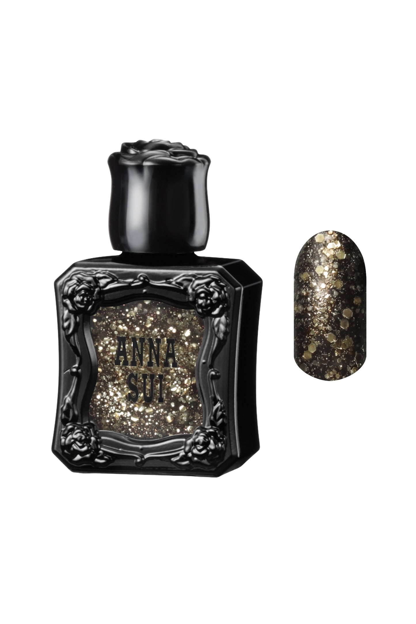 DAZZLING GOLD Nail Polish bottle raised rose pattern, Anna Sui in black over nail colors in front