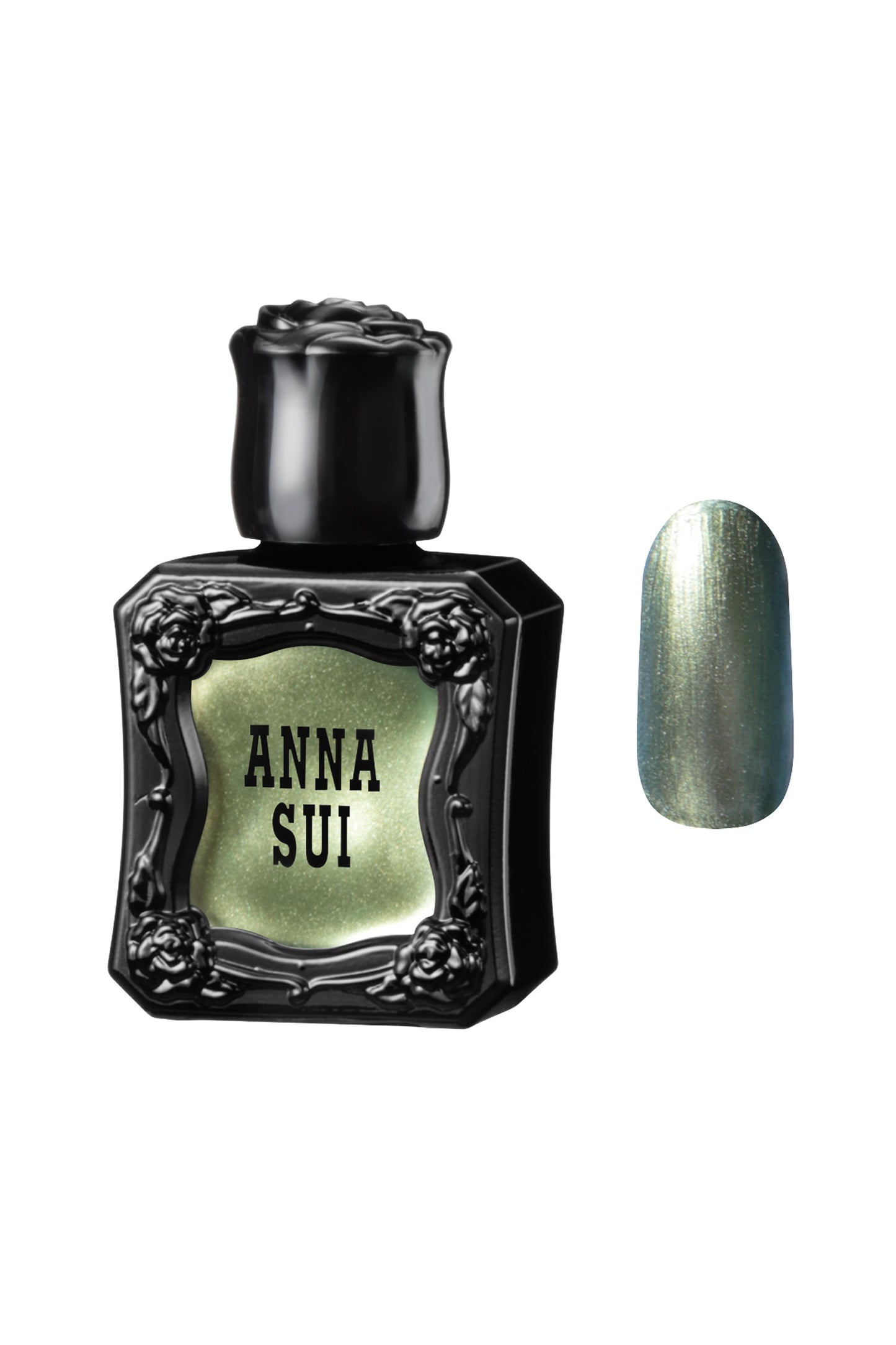 METALLIC PISTACHIO Polish bottle raised rose pattern, Anna Sui in black over nail colors in front