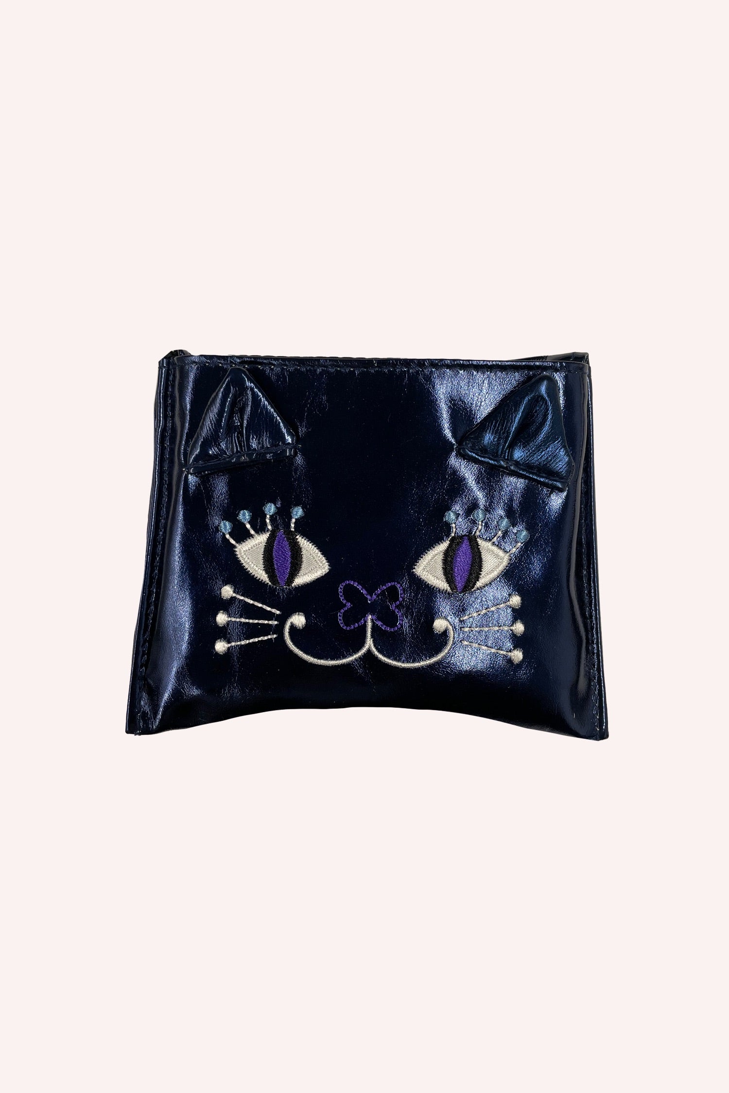 Tote Bag, dark blue Synthetic leather, stylized cat on front, black hems at borders, handles hidden