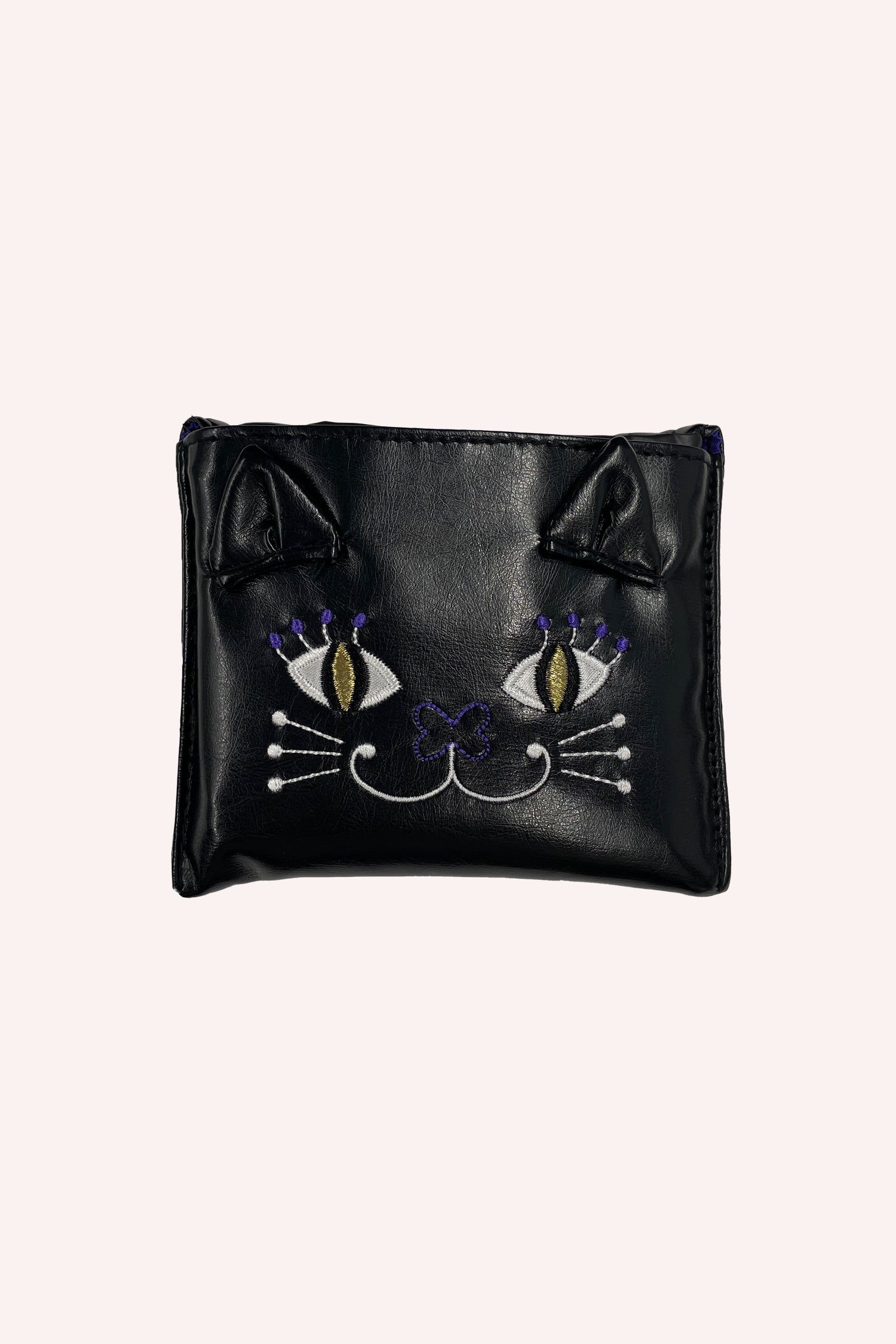 Cat Tote Bag, black, stylized cat on front in white seams, purple eyes, blue dots on eyelashes