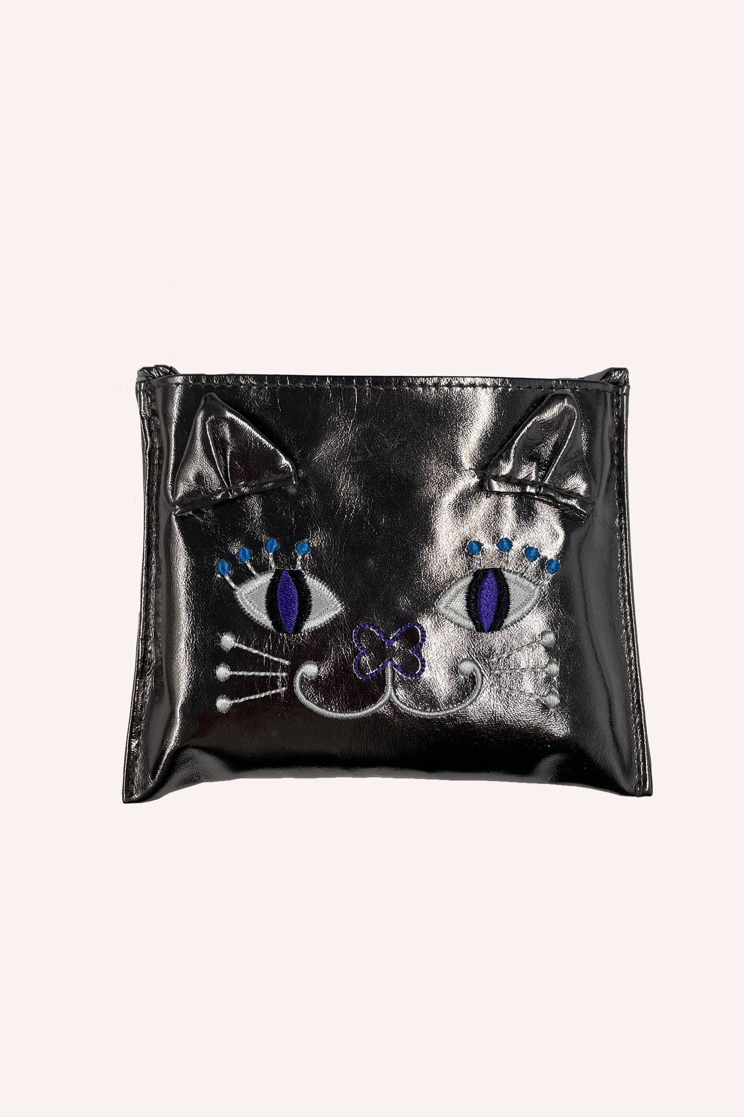 Cat Tote Bag, black Synthetic leather, stylized cat on front, white seams, purple eyes, blue dots