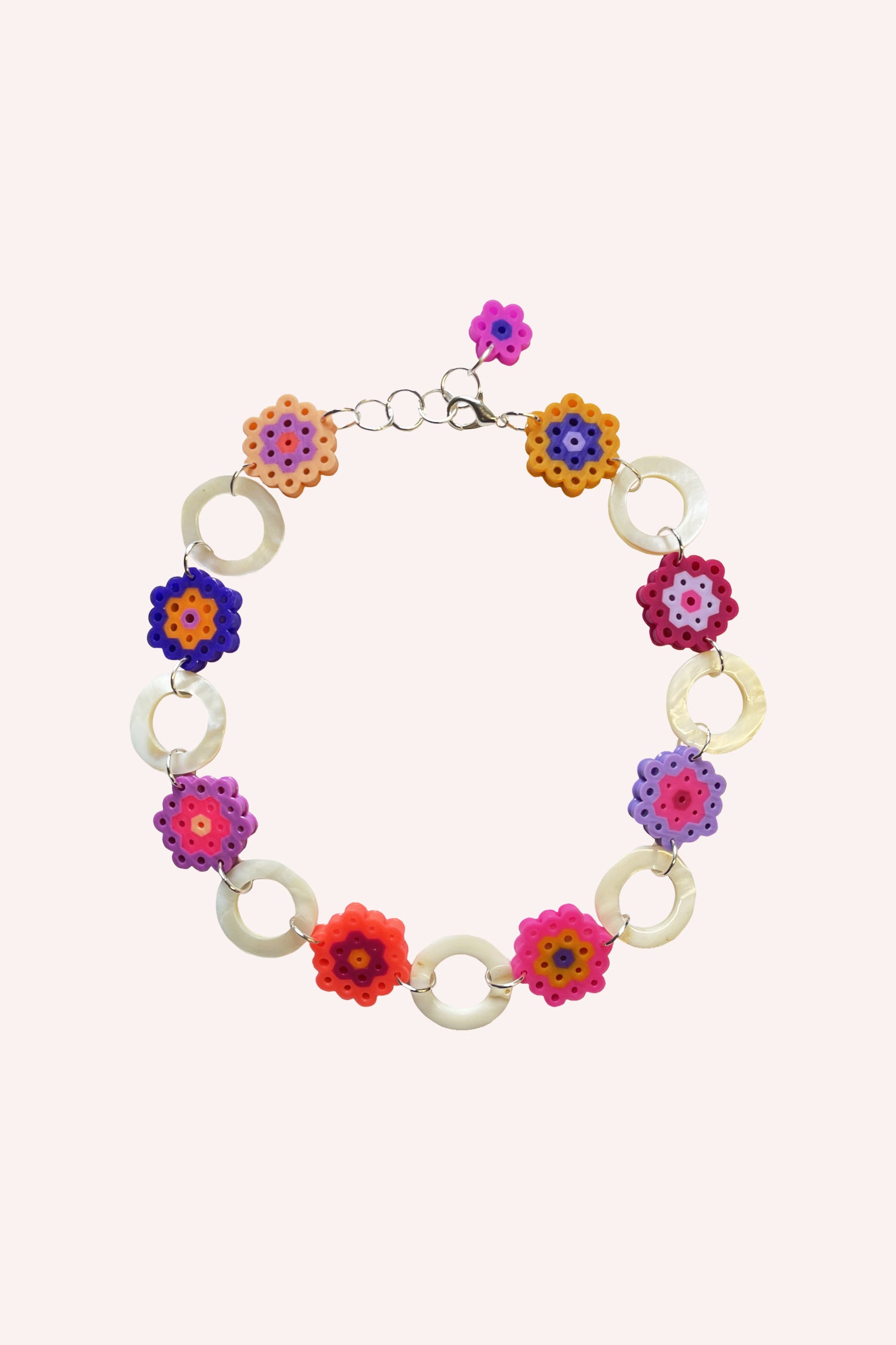 Daisy Chains Mother of Pearl Link Necklace, alternating crowns and hexagonal flower shapes in multiple colors