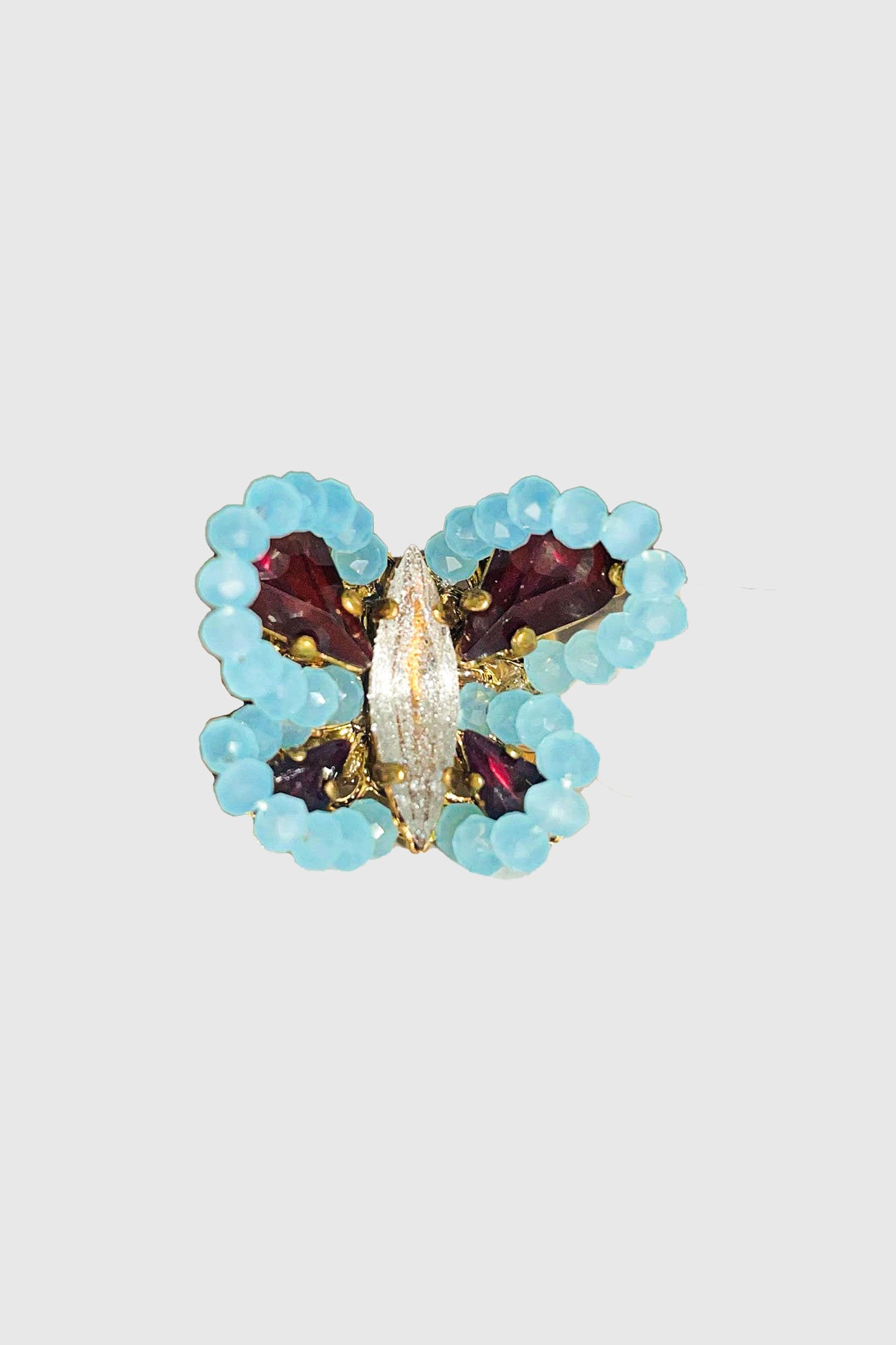 Butterfly Beaded golden Ring, Butterfly baby blue beads wing, oval gemstone body, dark red wing