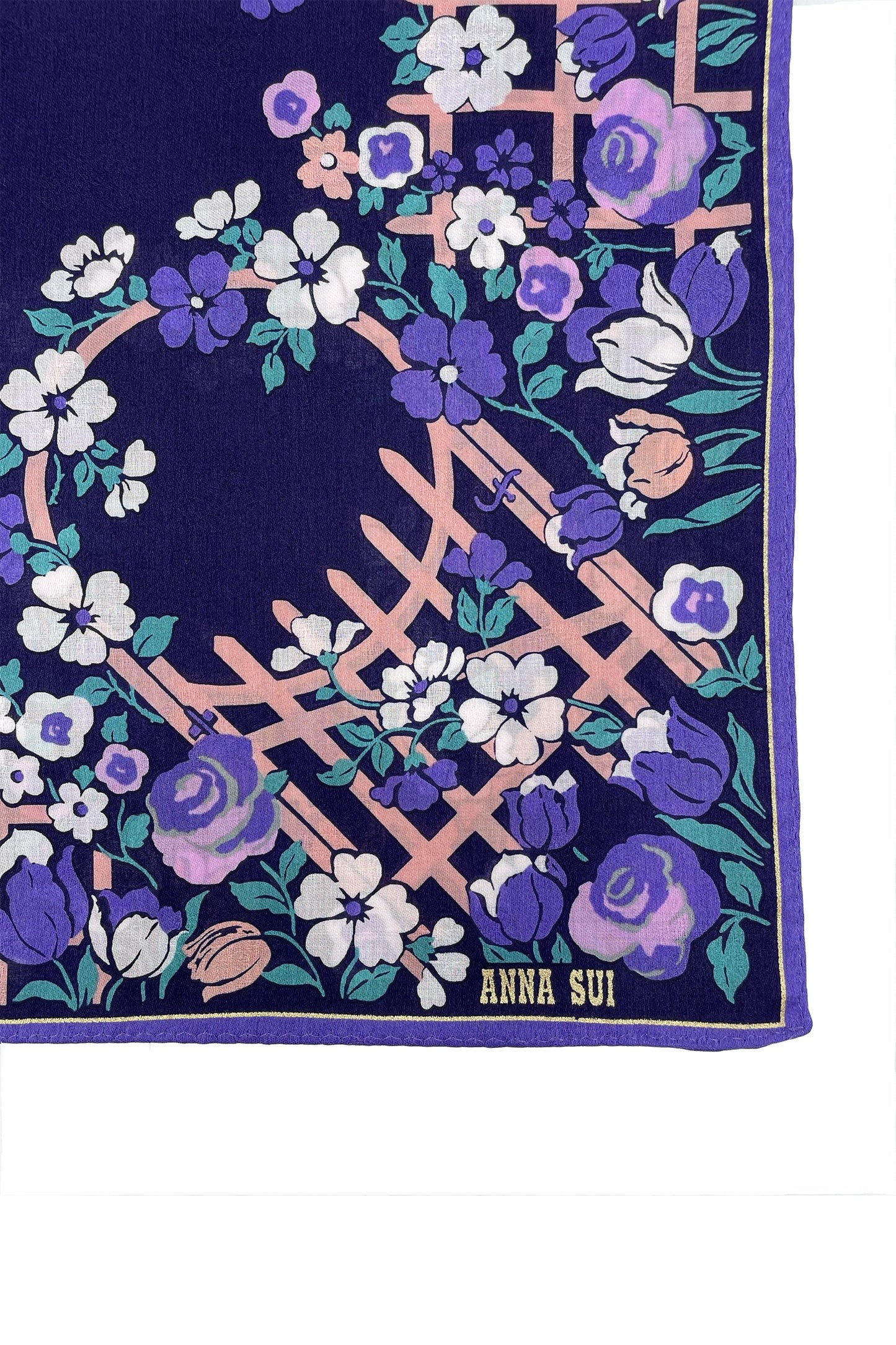 Handkerchief, blue,  purple roses/white pansies on a beige trellis, Anna’s label, and purple border