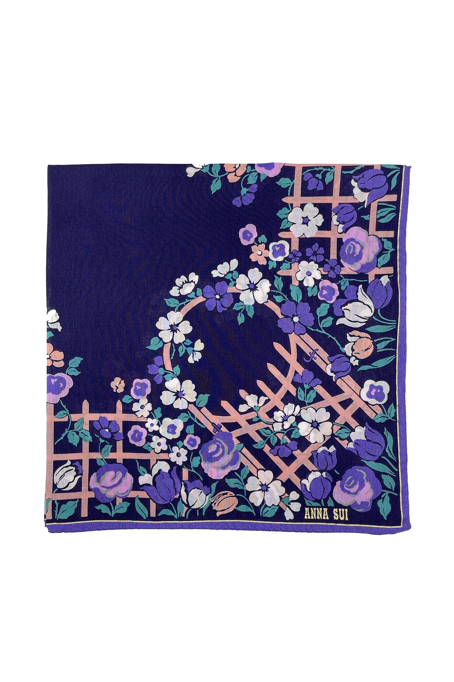 Handkerchief, blue, purple roses/white pansies on a beige trellis, Anna’s label, and purple border