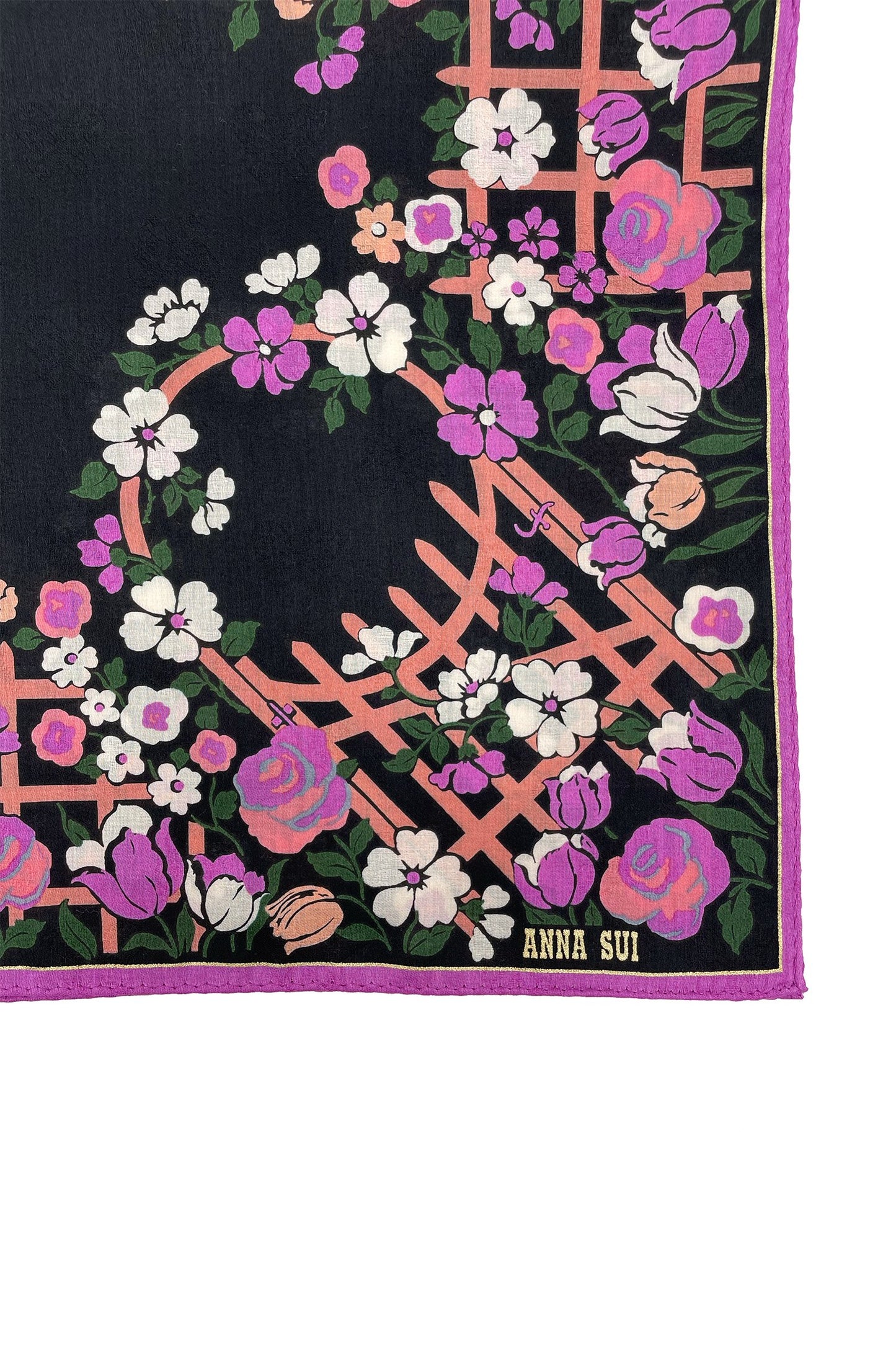 Handkerchief detail, black,  pink roses/white pansies on a beige trellis, Anna’s label and pink border
