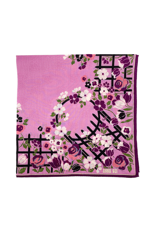 Handkerchief, purple, with white pansies on a black trellis, Anna’s label and burgundy border