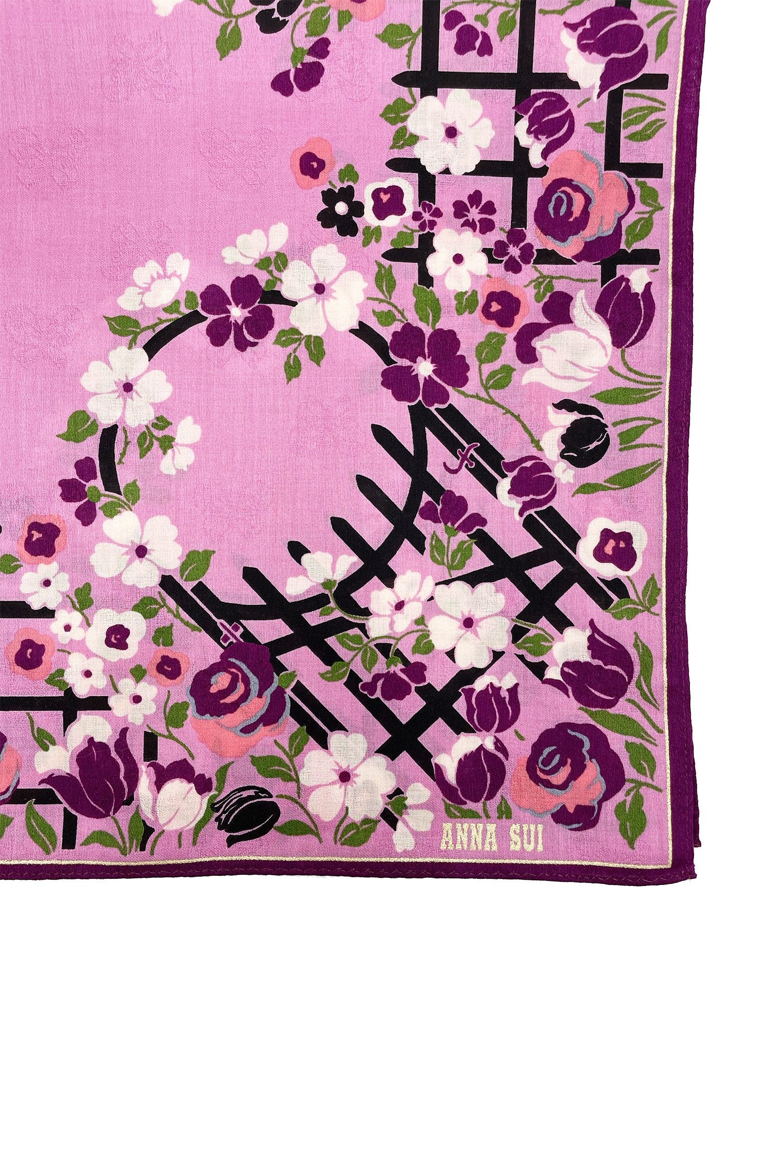 Handkerchief detail, purple, with white pansies on a black trellis, Anna’s label and burgundy border