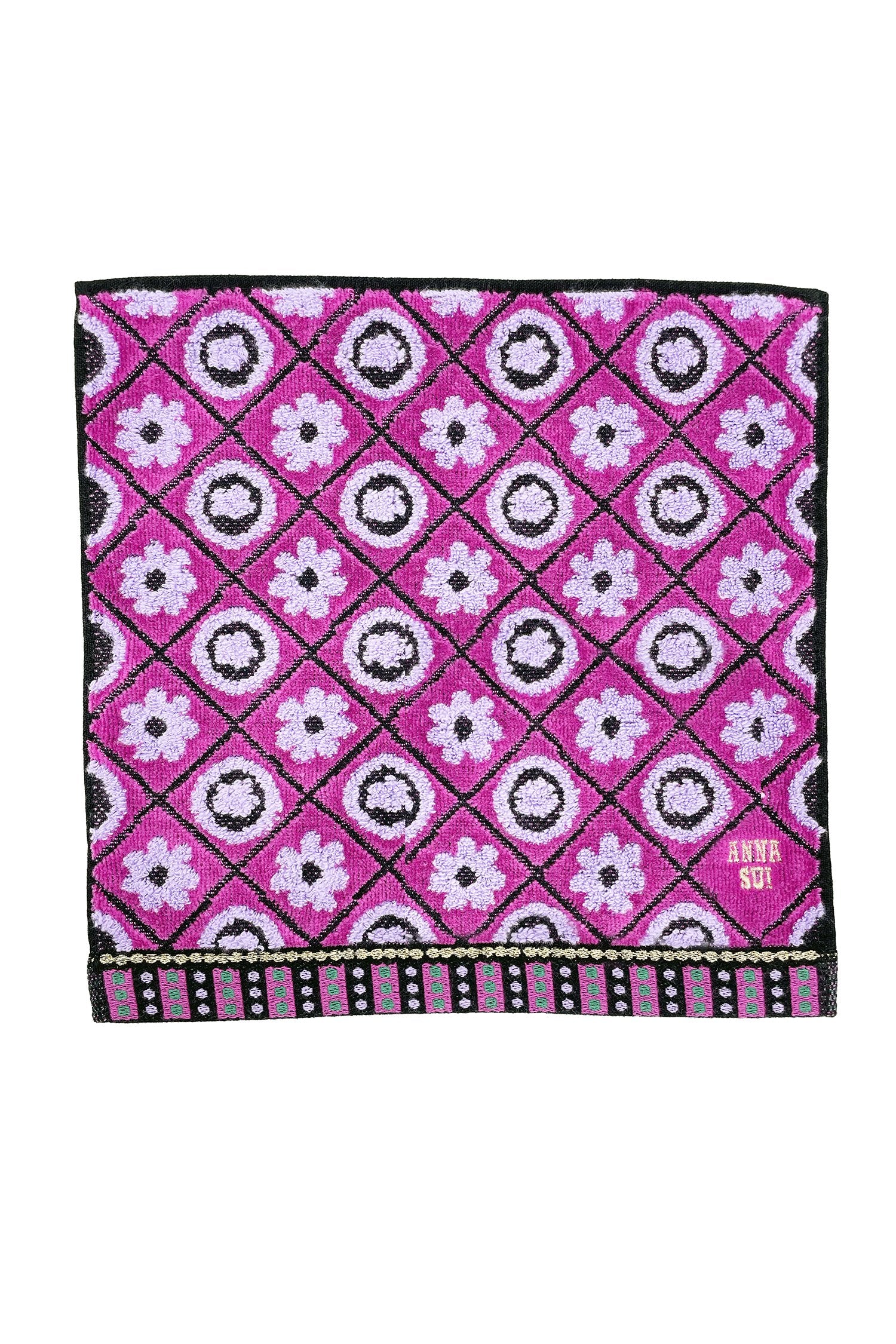 Washcloth purple with Floral Lattice in white, black lines to highlight the diamonds, Anna Sui's label