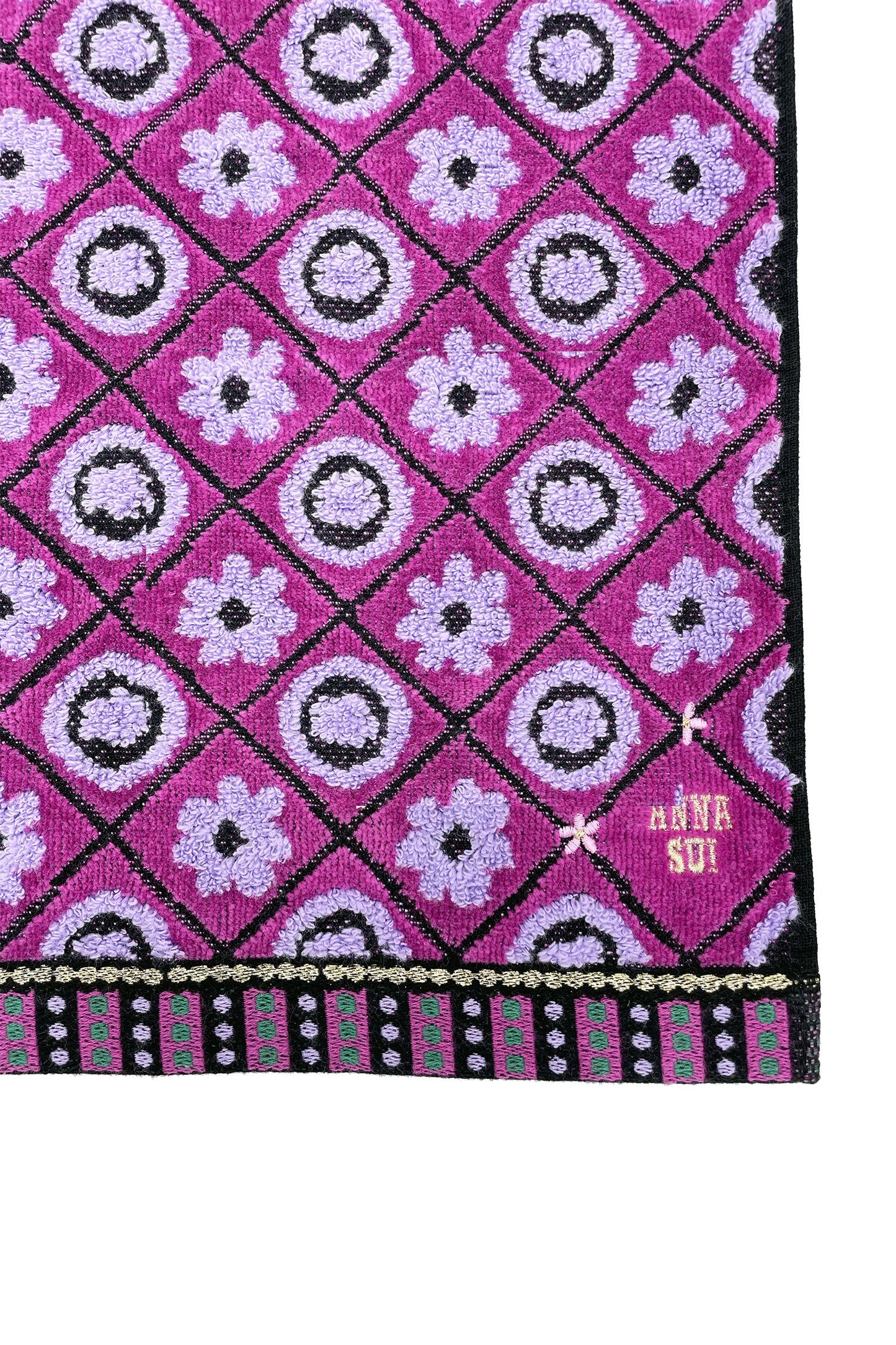 Floral Lattice Washcloth purple print Floral design, black lines on diamonds borders, Anna Sui's label