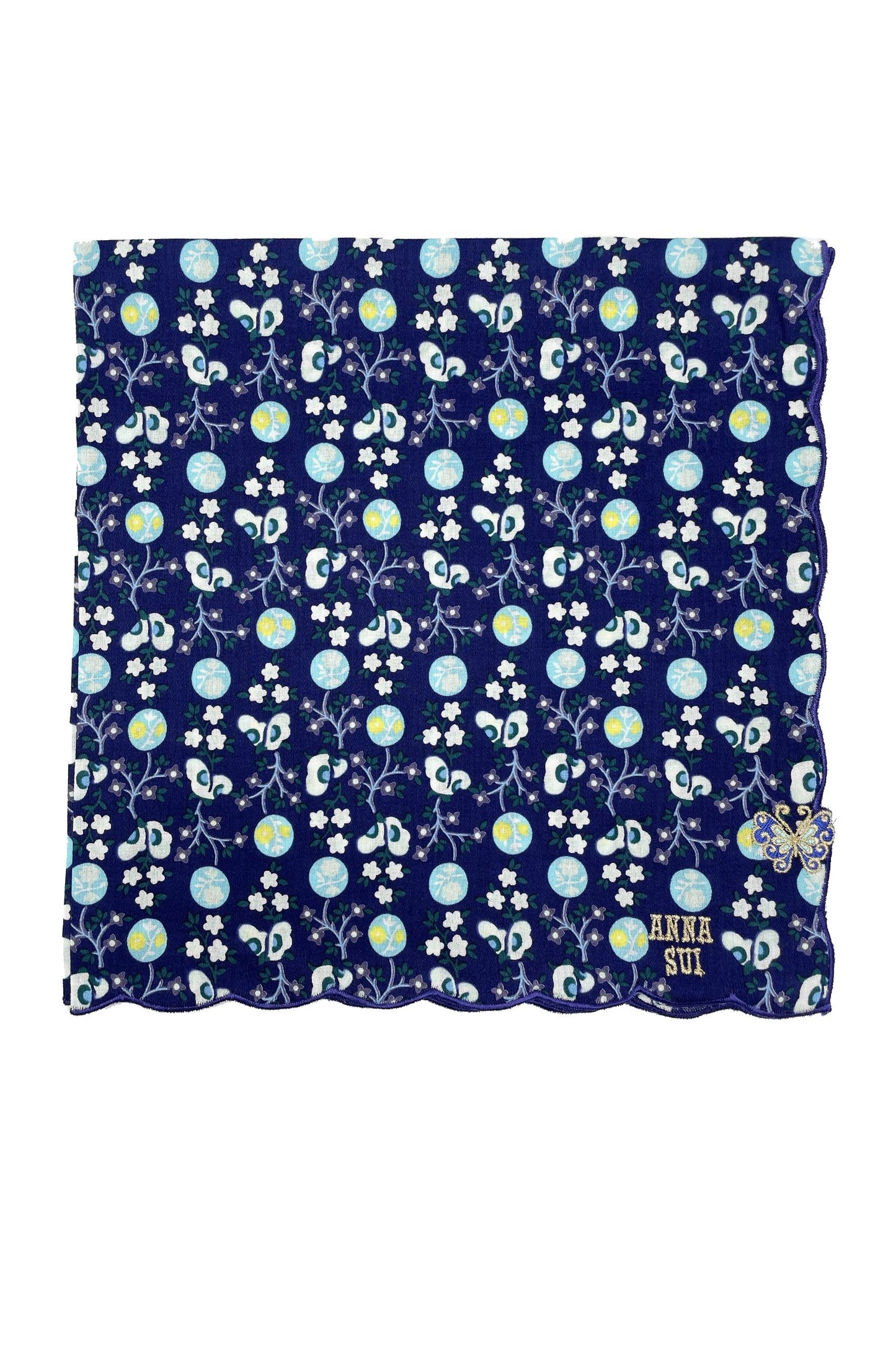 Handkerchief blue with repetitive pattern of white butterflies, and blue/white floral, Anna’s label 