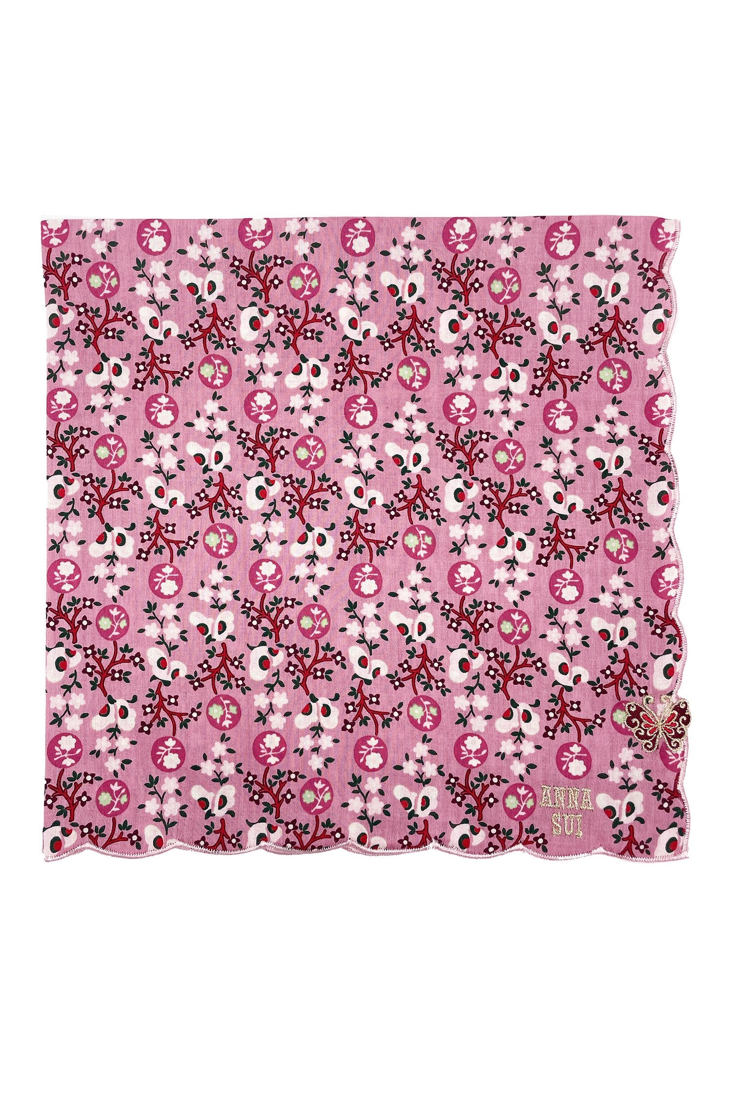 Handkerchief pink with repetitive pattern of white butterflies, and red/white floral, Anna’s label 