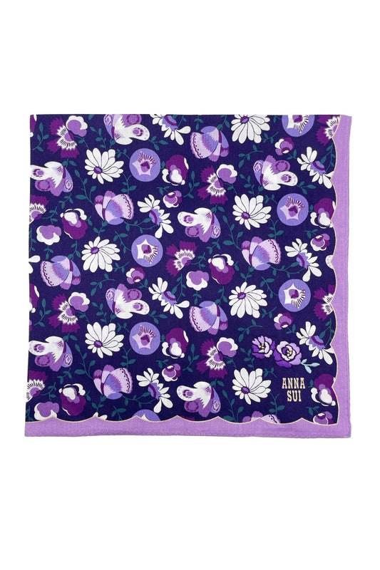 Handkerchief with white/purple daisy on dark blue, wavy purple hems, Anna’s label in corner