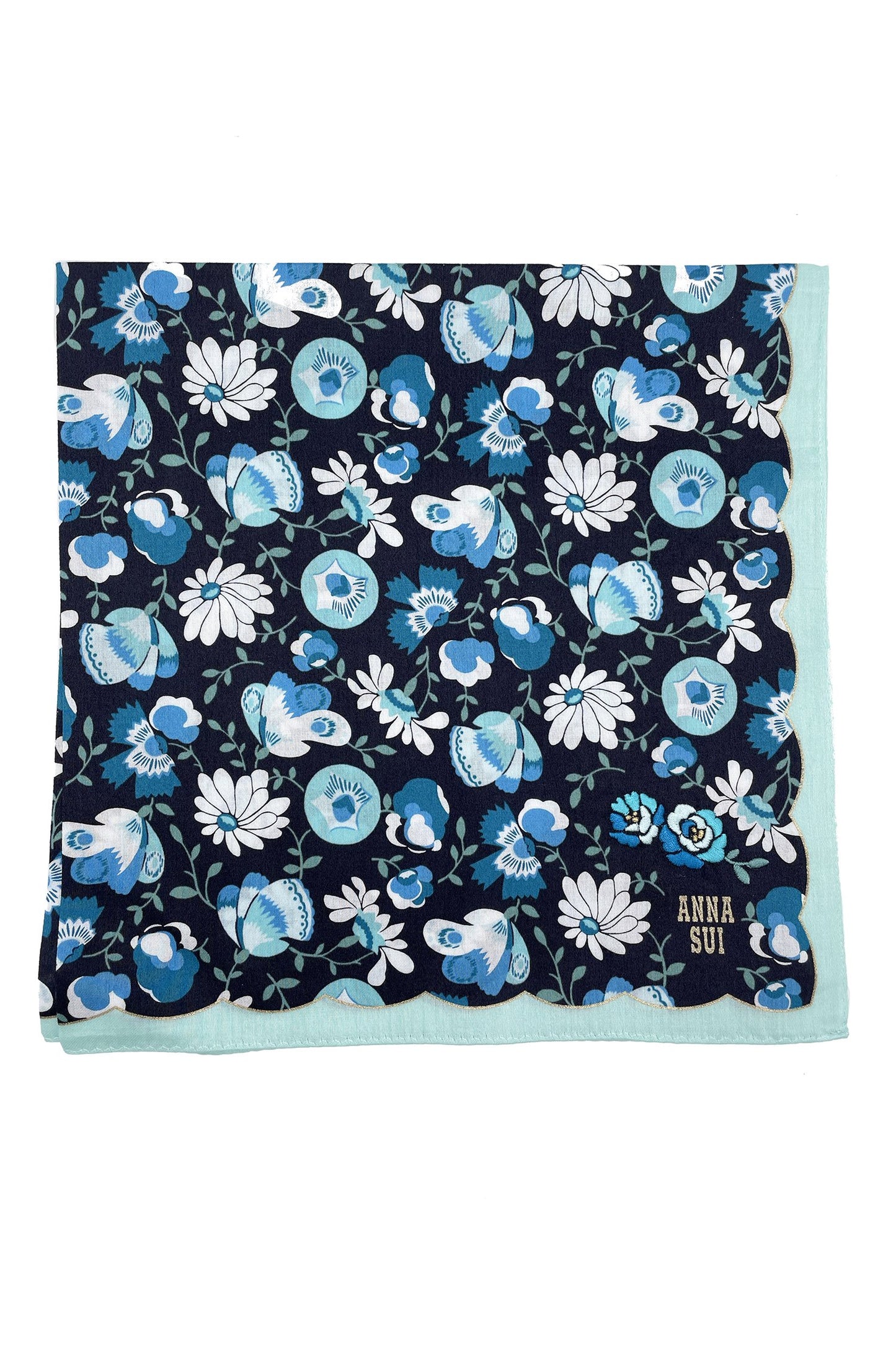 Handkerchief with white/blue daisy on dark blue, wavy baby blue hems, Anna’s label in corner