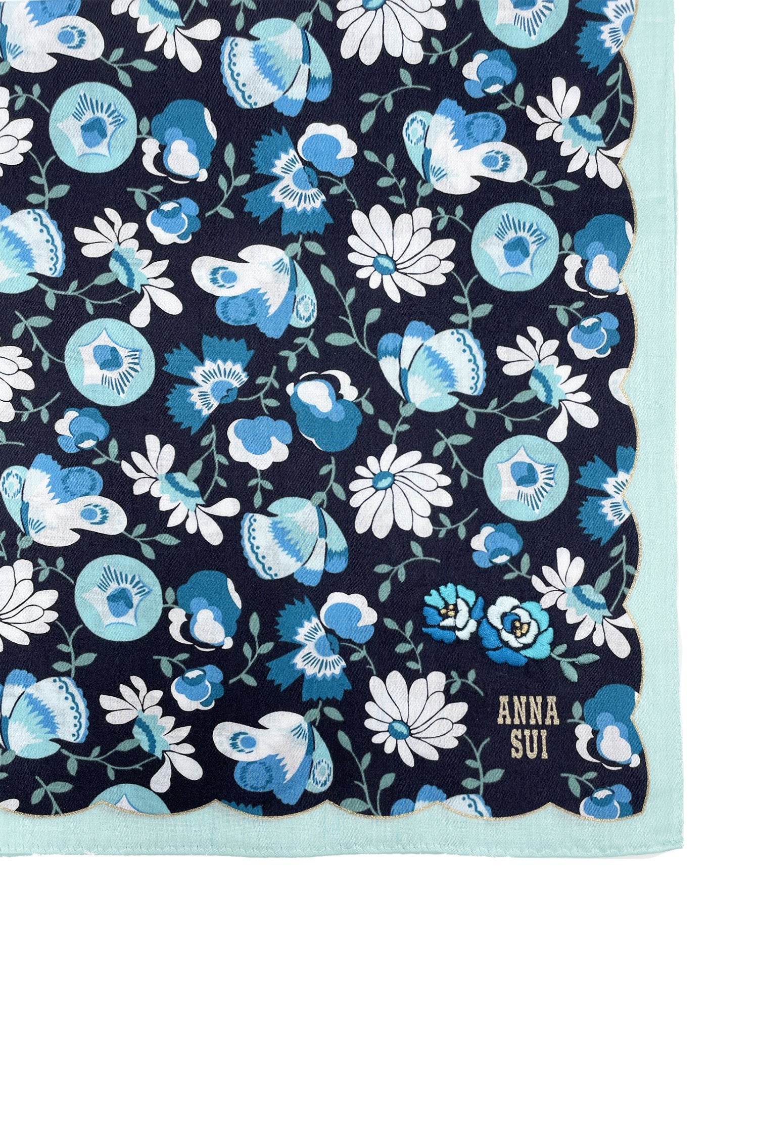 Handkerchief detail with white/ blue daisy on dark blue, baby blue hems, golden Anna’s label in corner