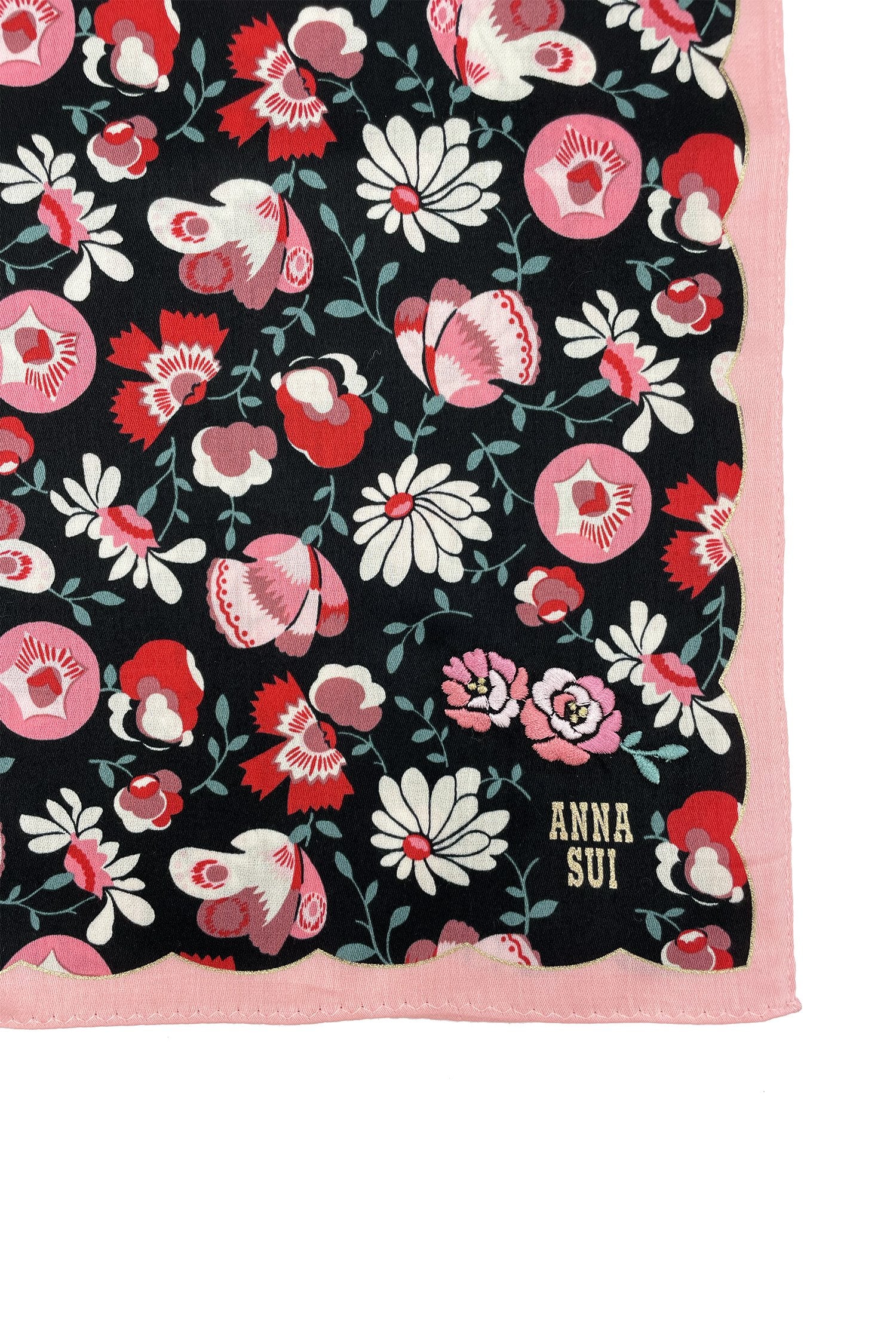 Handkerchief detail with white/ red daisy on black, baby pink hems, golden Anna’s label in corner