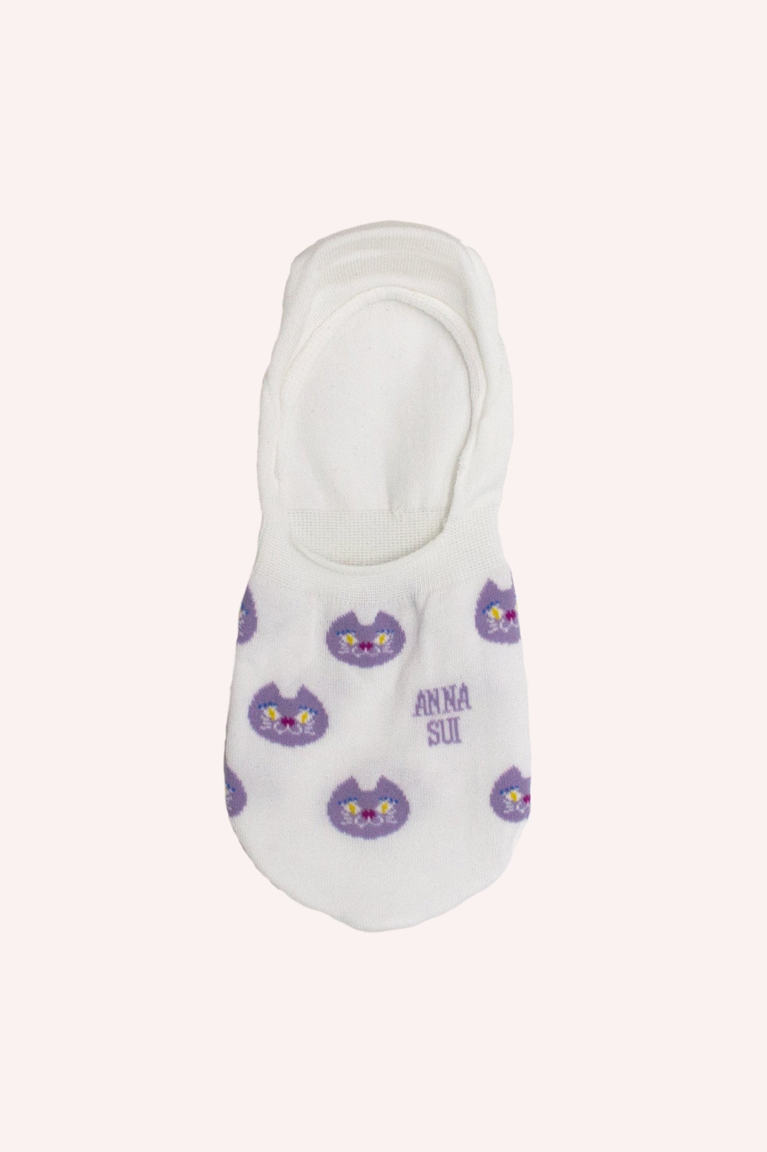 Cat Pattern Socks, white with purple cat’s head with white eyes and mouth, Anna Sui label, short socks
