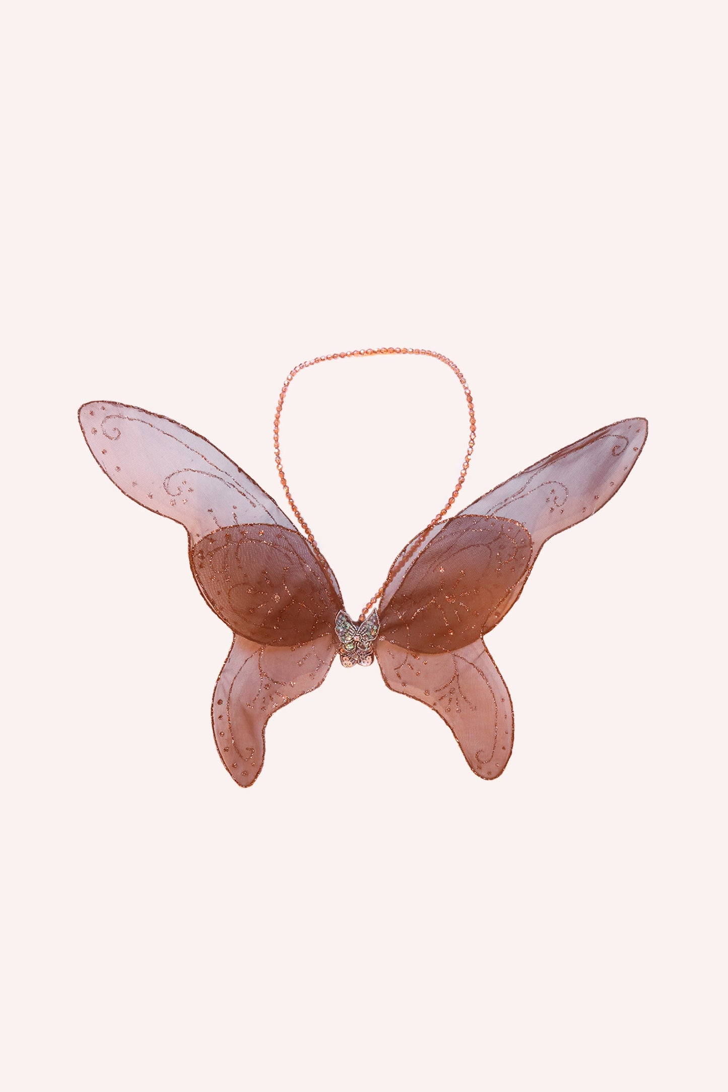 A strap around the neckline, attached at butterfly shiny body center, wings on the back