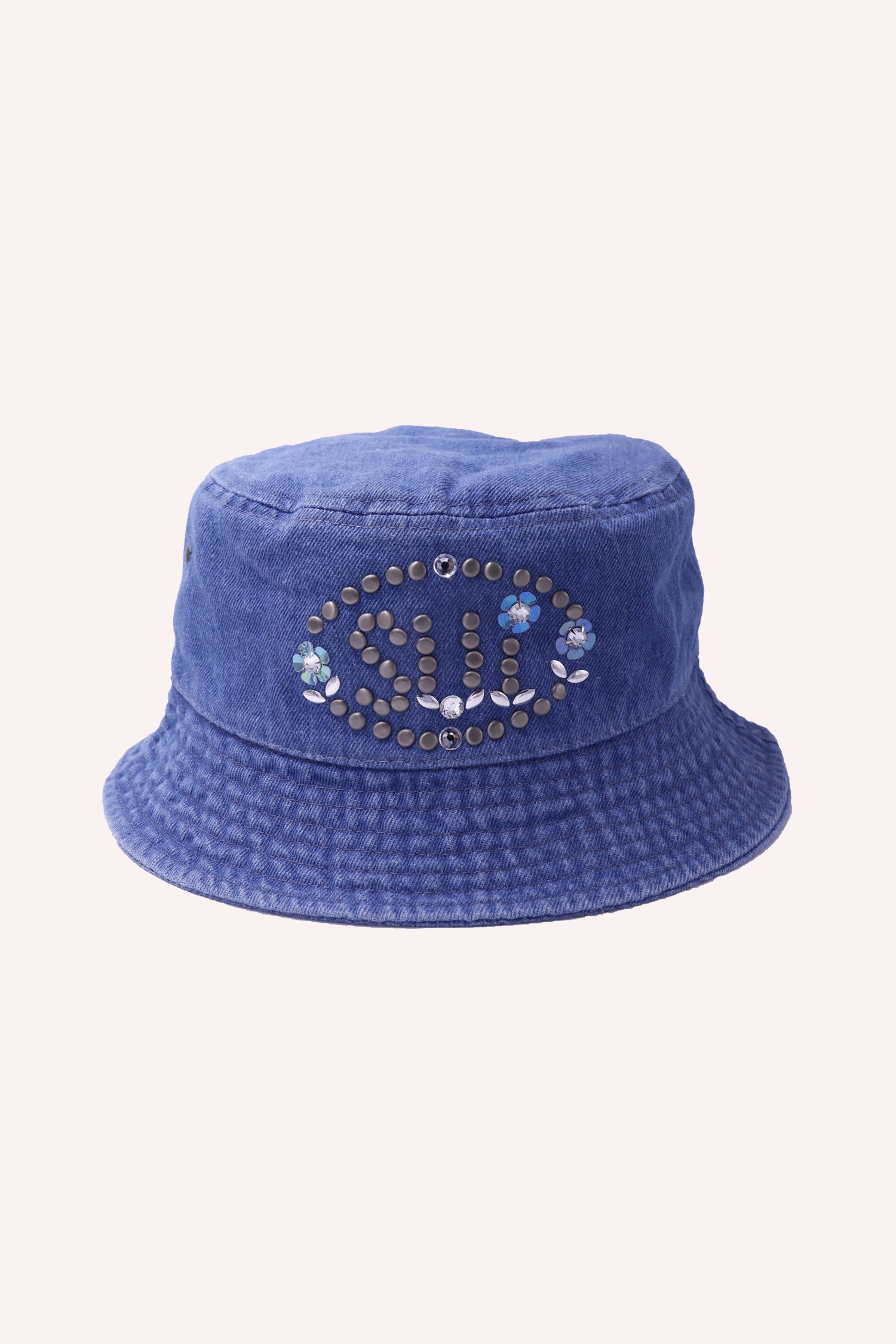 Studded Bucket Hat Denim, Sui logo in an oval, U I with floral bottom, I with a floral dot