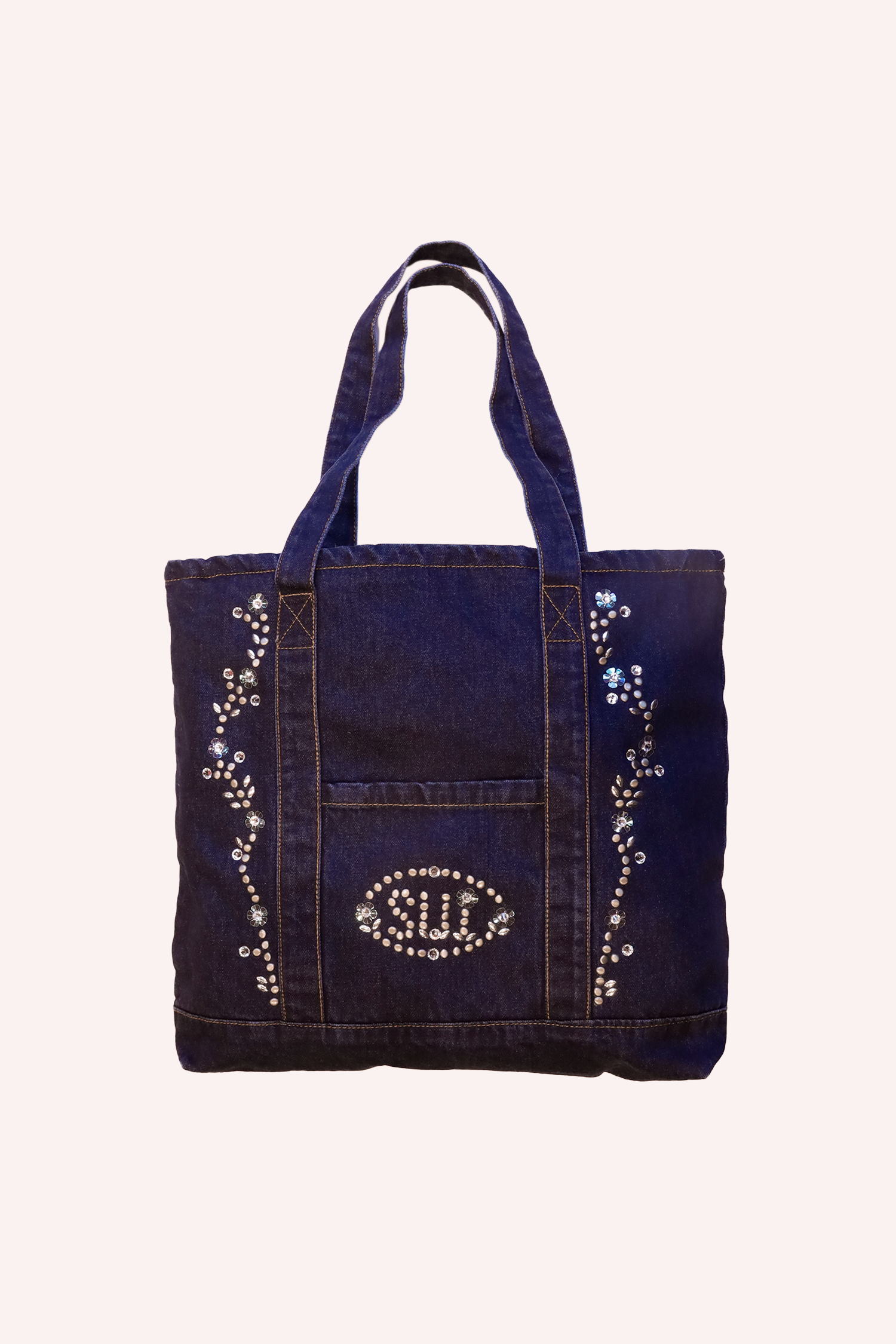 Denim Tote Bag, Studded logo, shiny floral design, U I with floral bottom, I with a floral dot