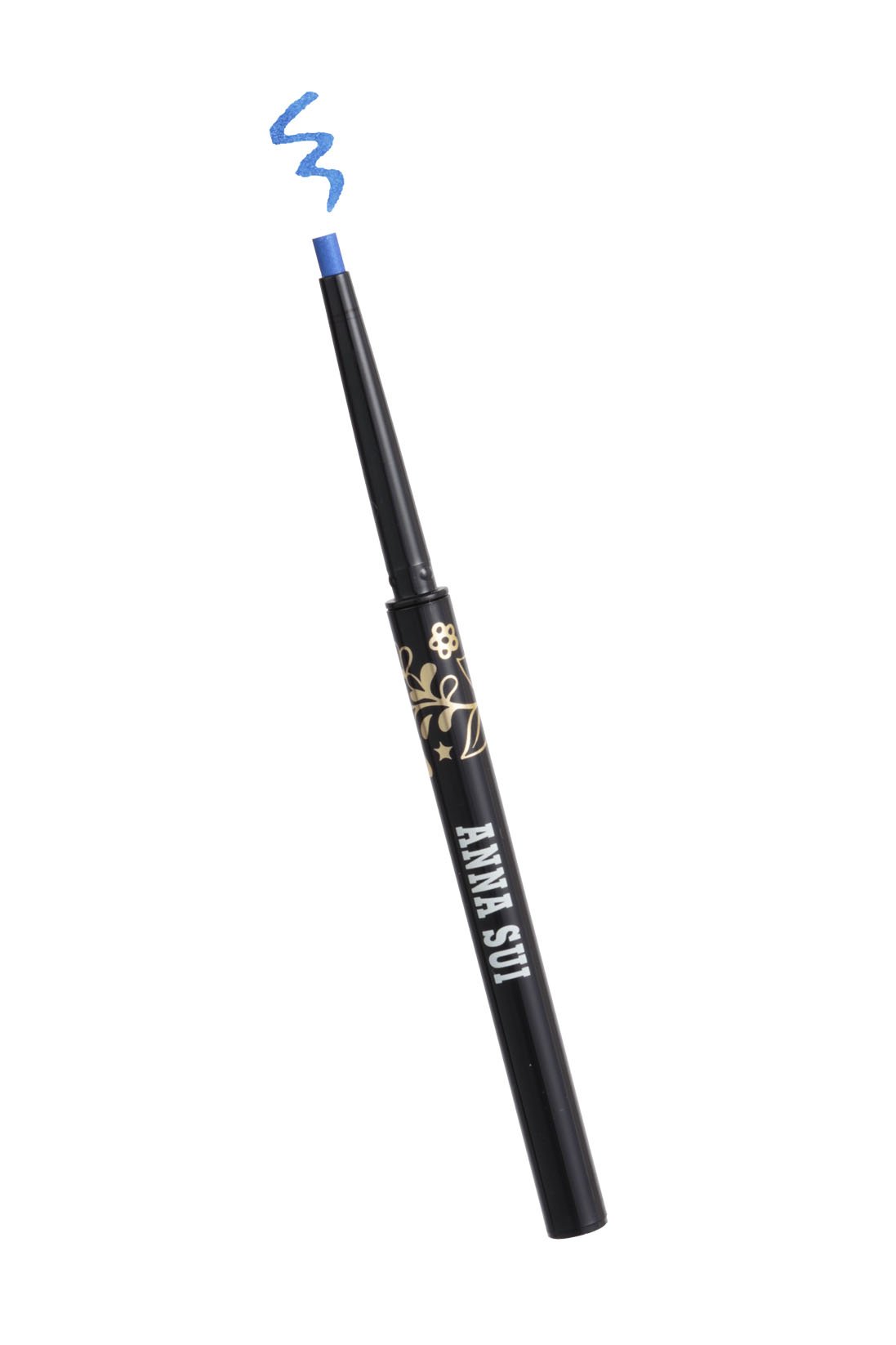 Open Neon Blue Eyeliner in a long cylindrical container, golden floral design, & white Anna Sui label