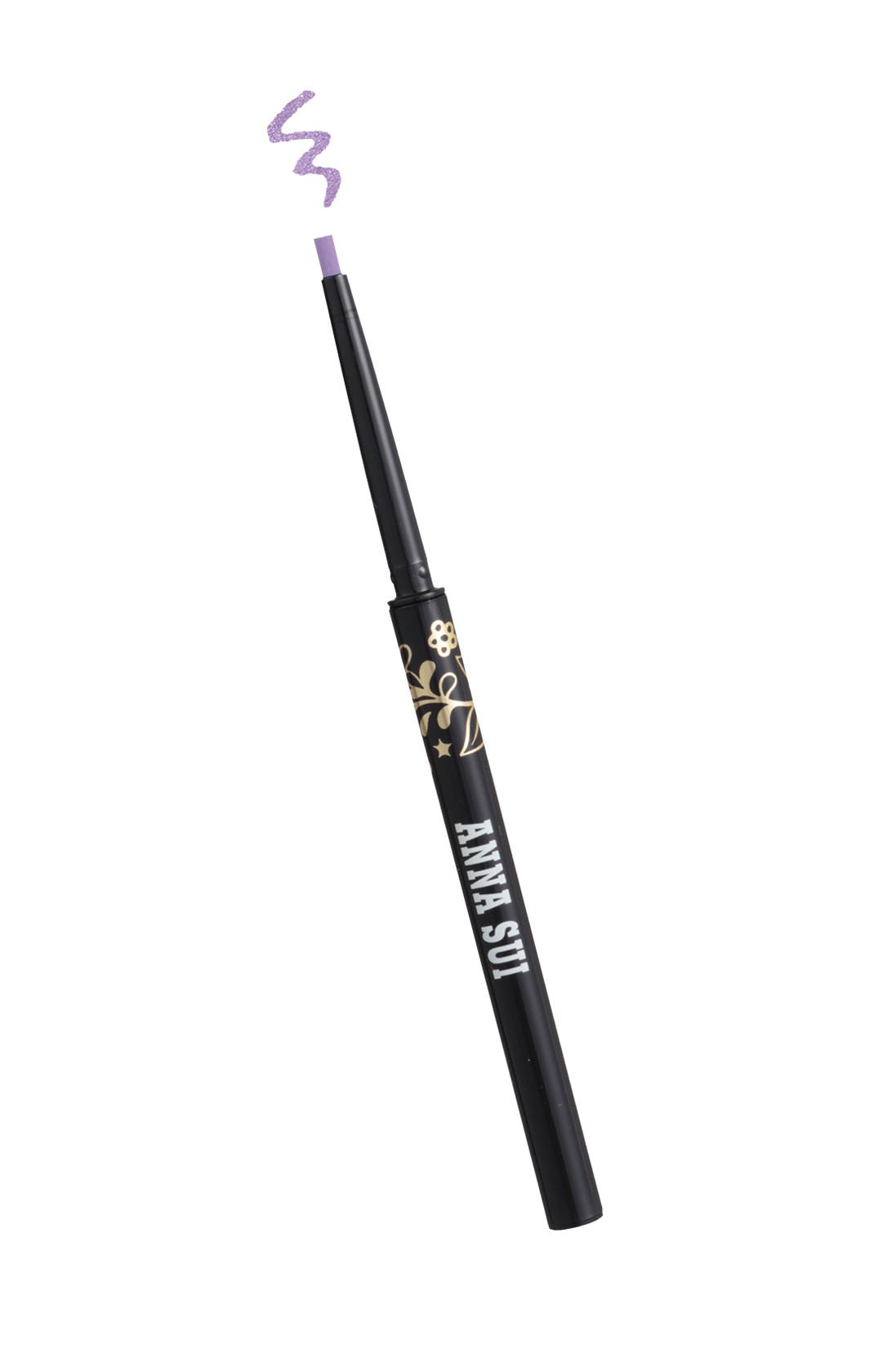 Open Fairy Purple Eyeliner in cylindrical container, golden floral design, & white Anna Sui label