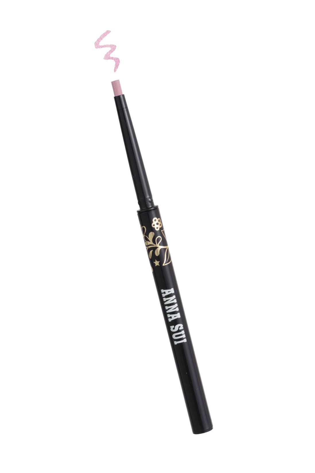 Open Pink Eyeliner in a long cylindrical container, golden floral design, and white Anna Sui label