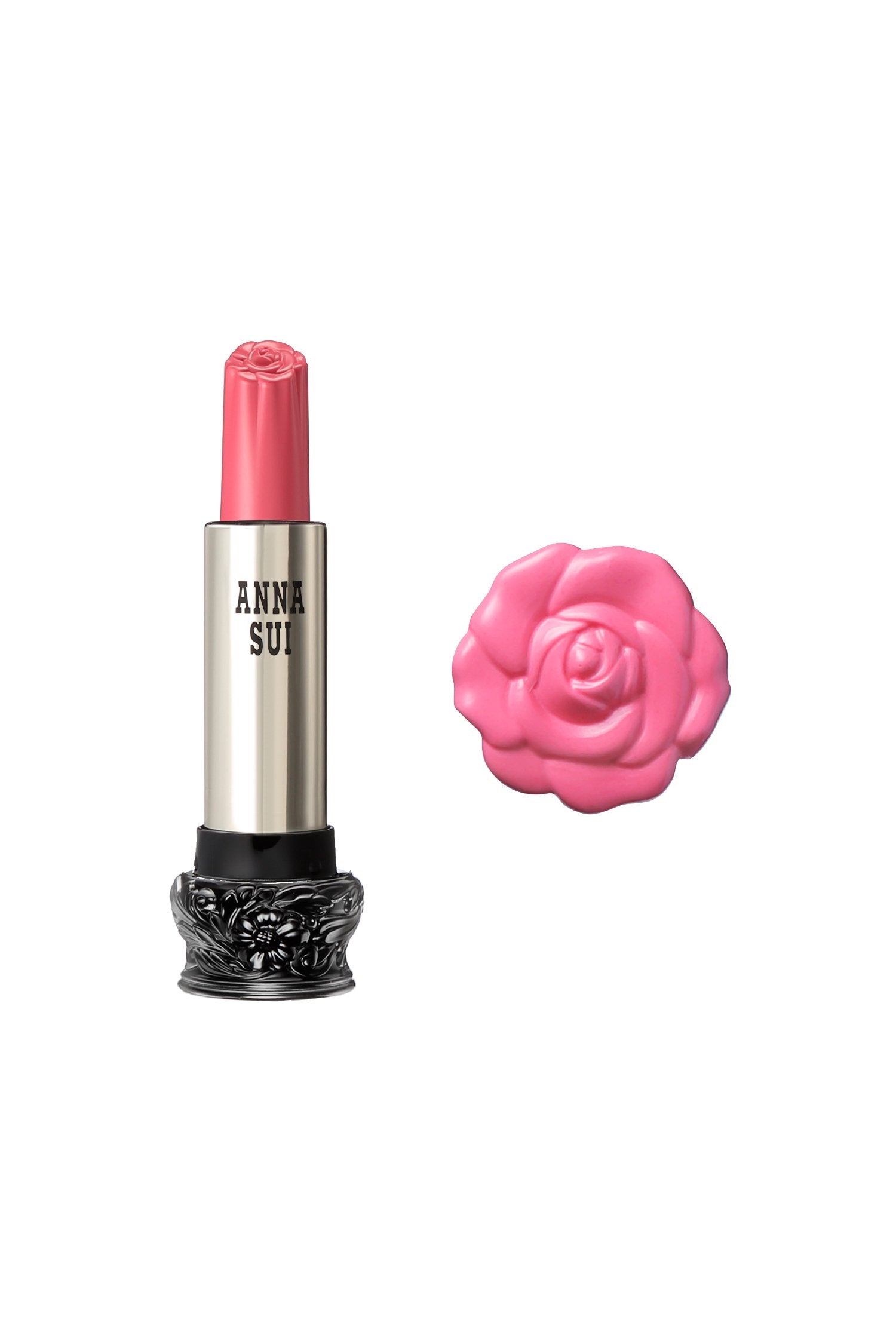 300 - Pale Pink Peony Lipstick F: Fairy Flower, in a cylindrical container, large black base, engraved floral design, metallic body