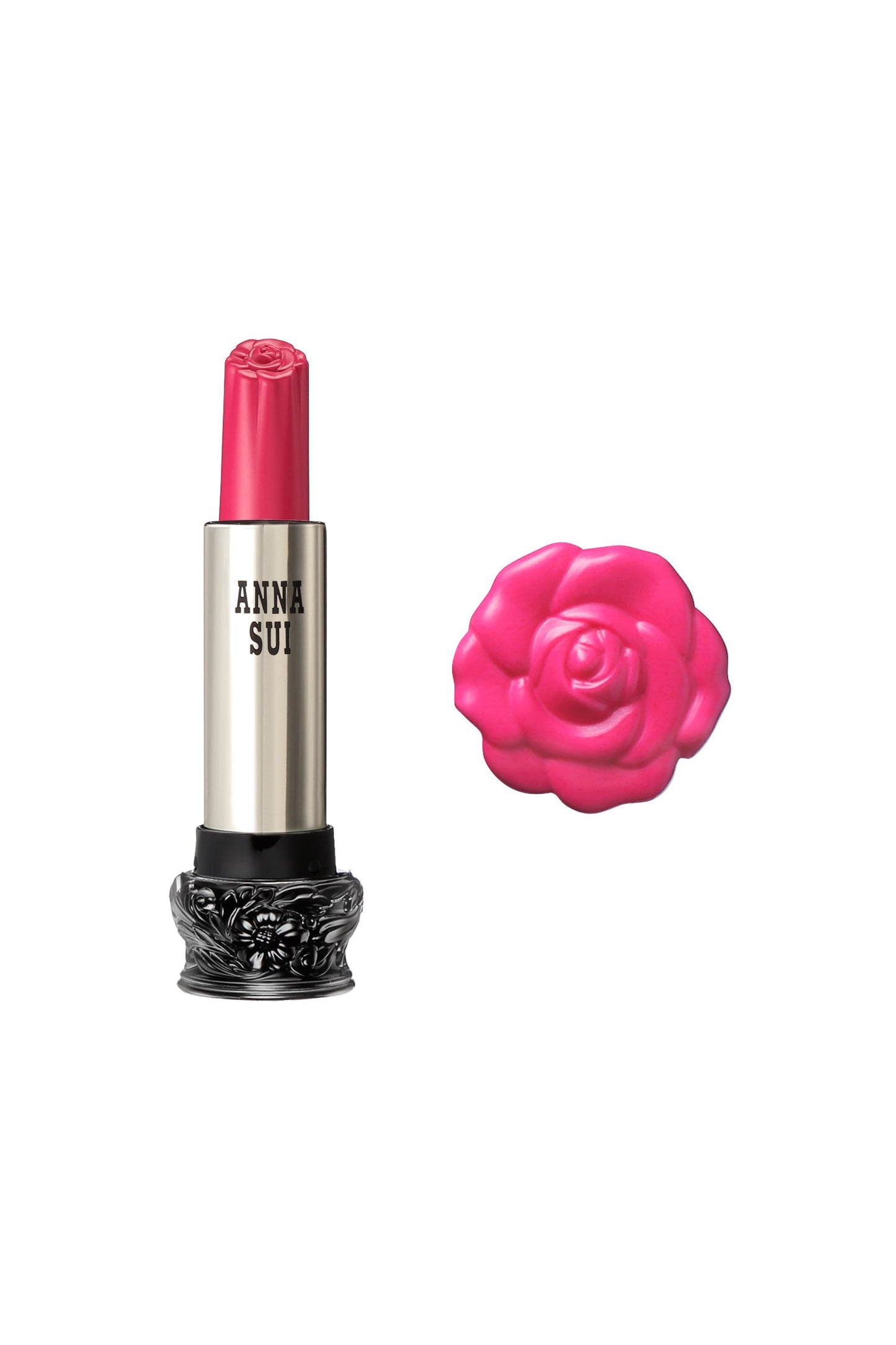 302 - Fuchsia Pink Gerbera Lipstick F: Fairy Flower, in a cylindrical container, large black base, engraved floral design, metallic body