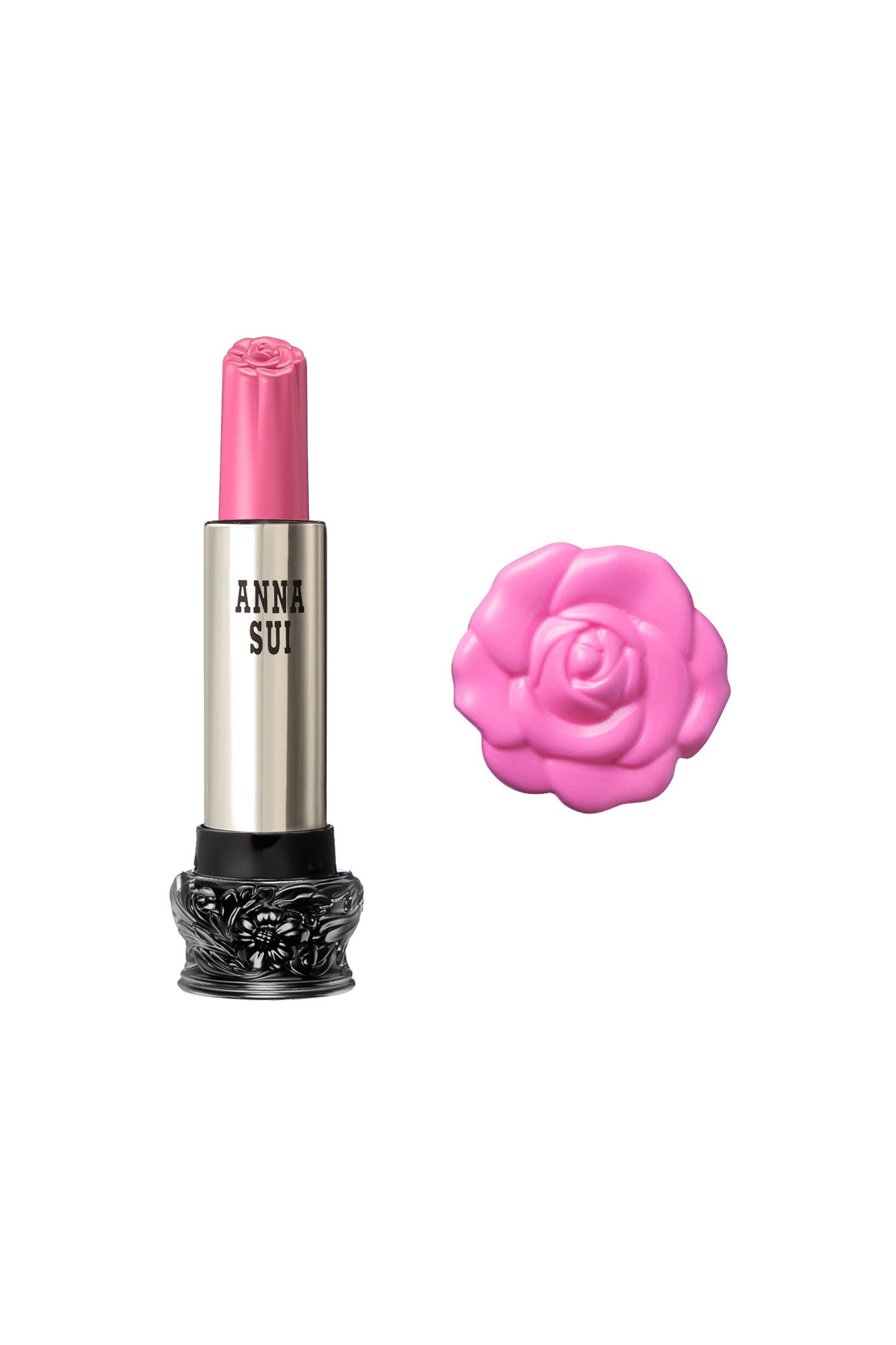 303 - Pink Cosmos Lipstick F: Fairy Flower, in a cylindrical container, large black base, engraved floral design, metallic body