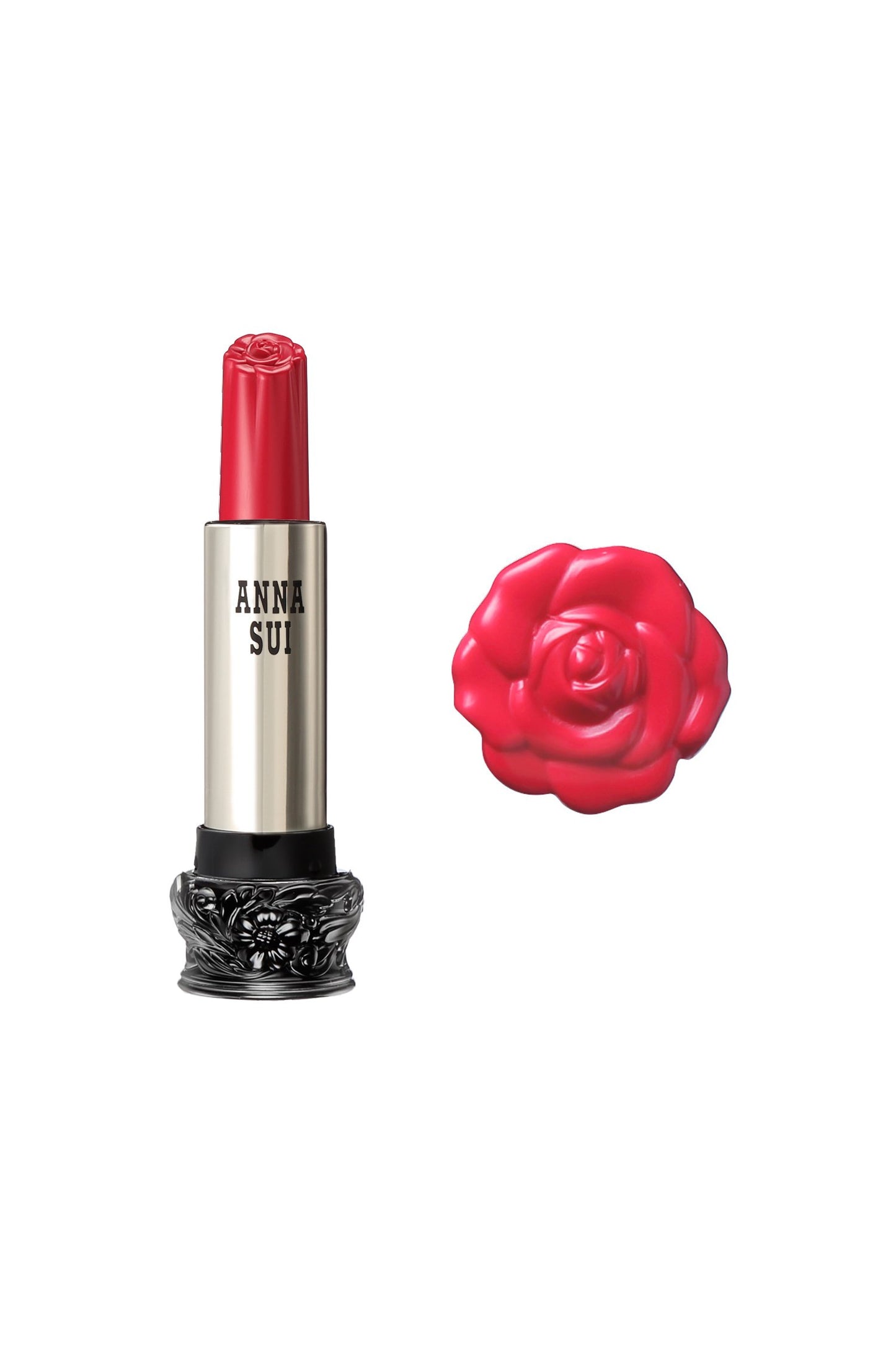 304 - Red Pink Camellia Lipstick F: Fairy Flower, in a cylindrical container, large black base, engraved floral design, metallic body