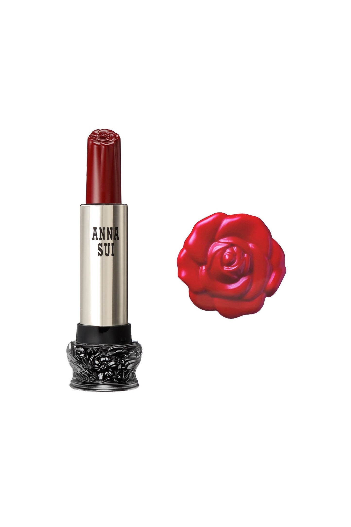 400 - Anna Rose Red Lipstick F: Fairy Flower, in a cylindrical container, large black base, engraved floral design, metallic body