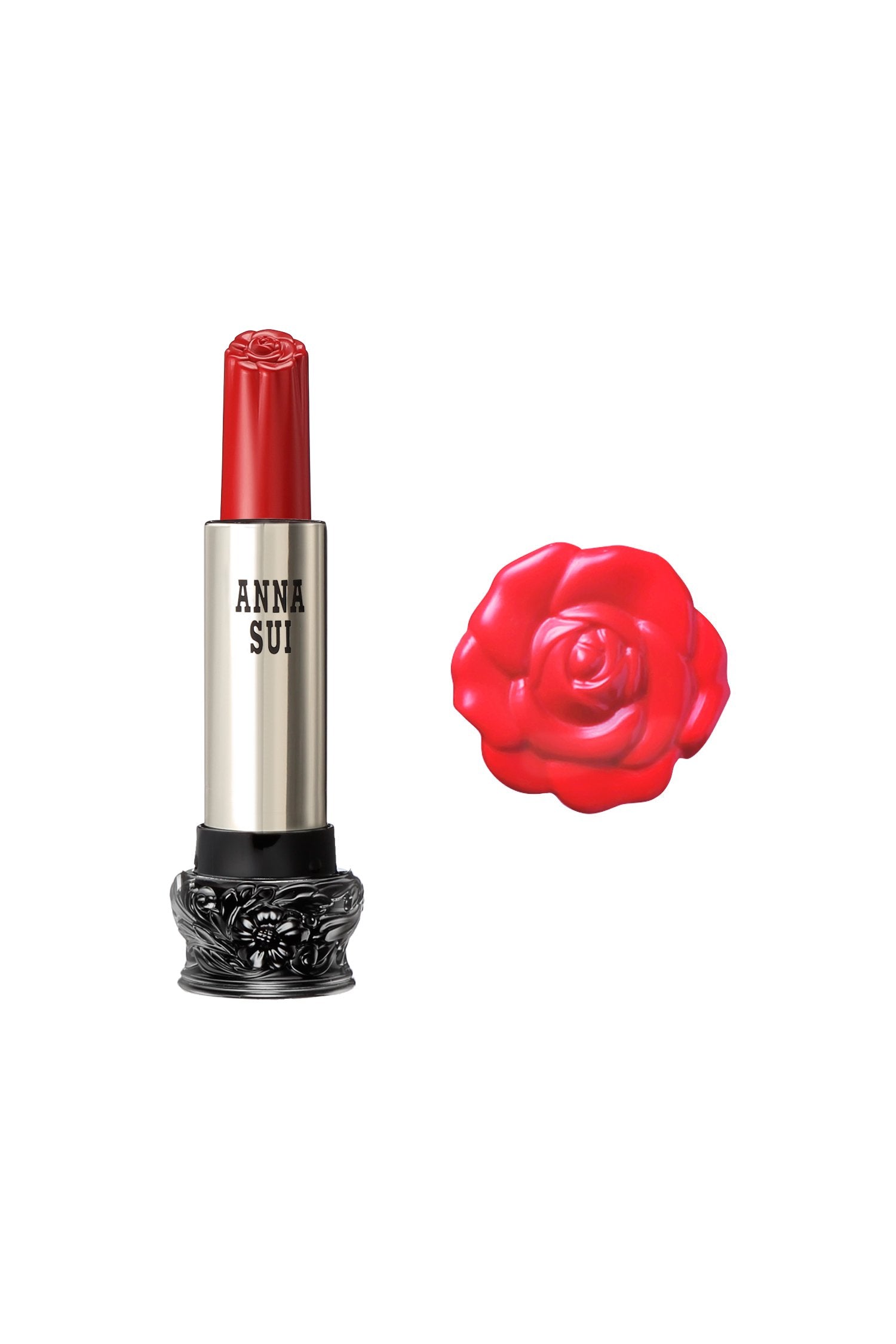 401 - Red Carnation Lipstick F: Fairy Flower, in a cylindrical container, large black base, engraved floral design, metallic body