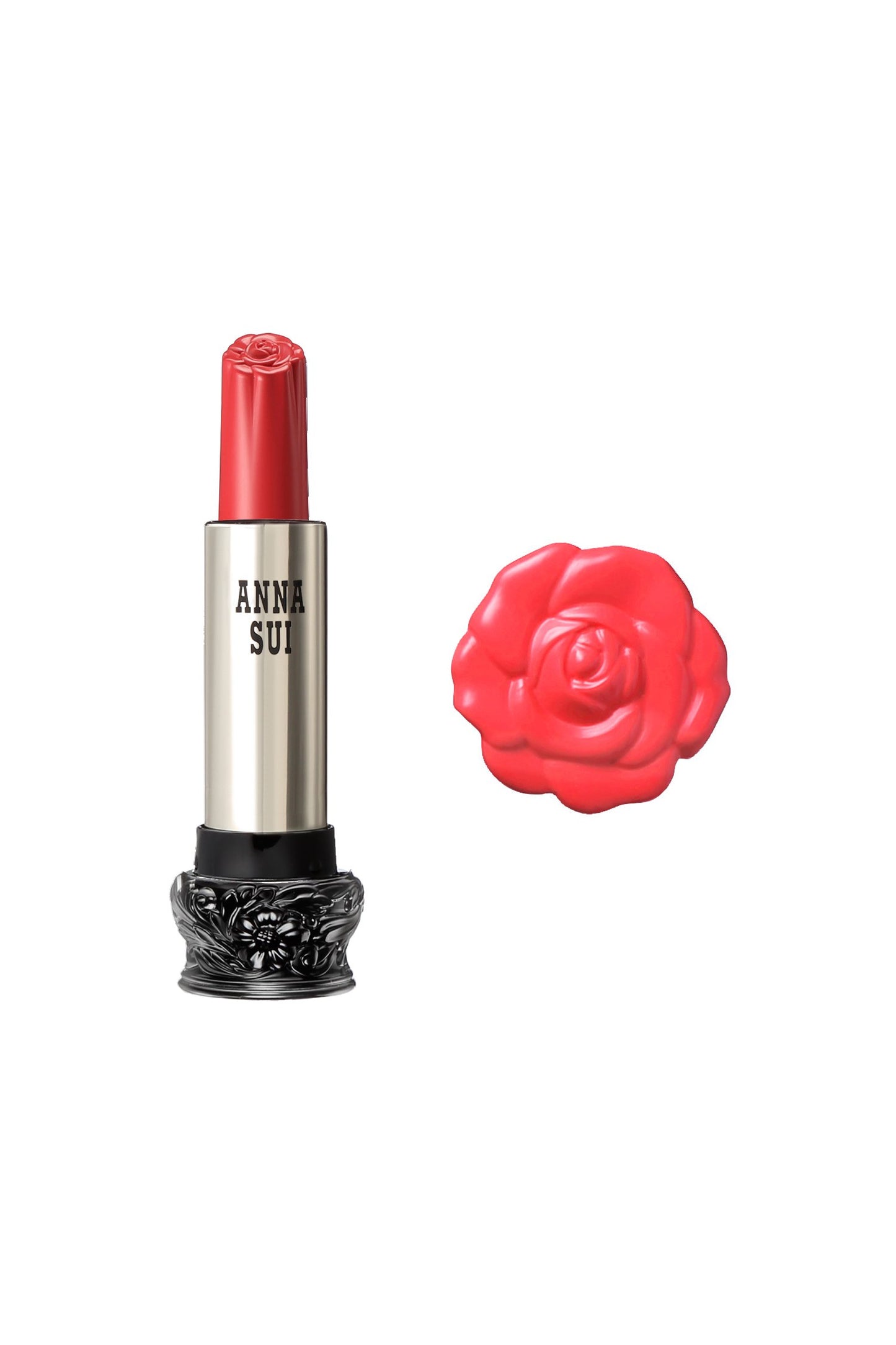 601 - Orange Tulip Lipstick F: Fairy Flower, in a cylindrical container, large black base, engraved floral design, metallic body