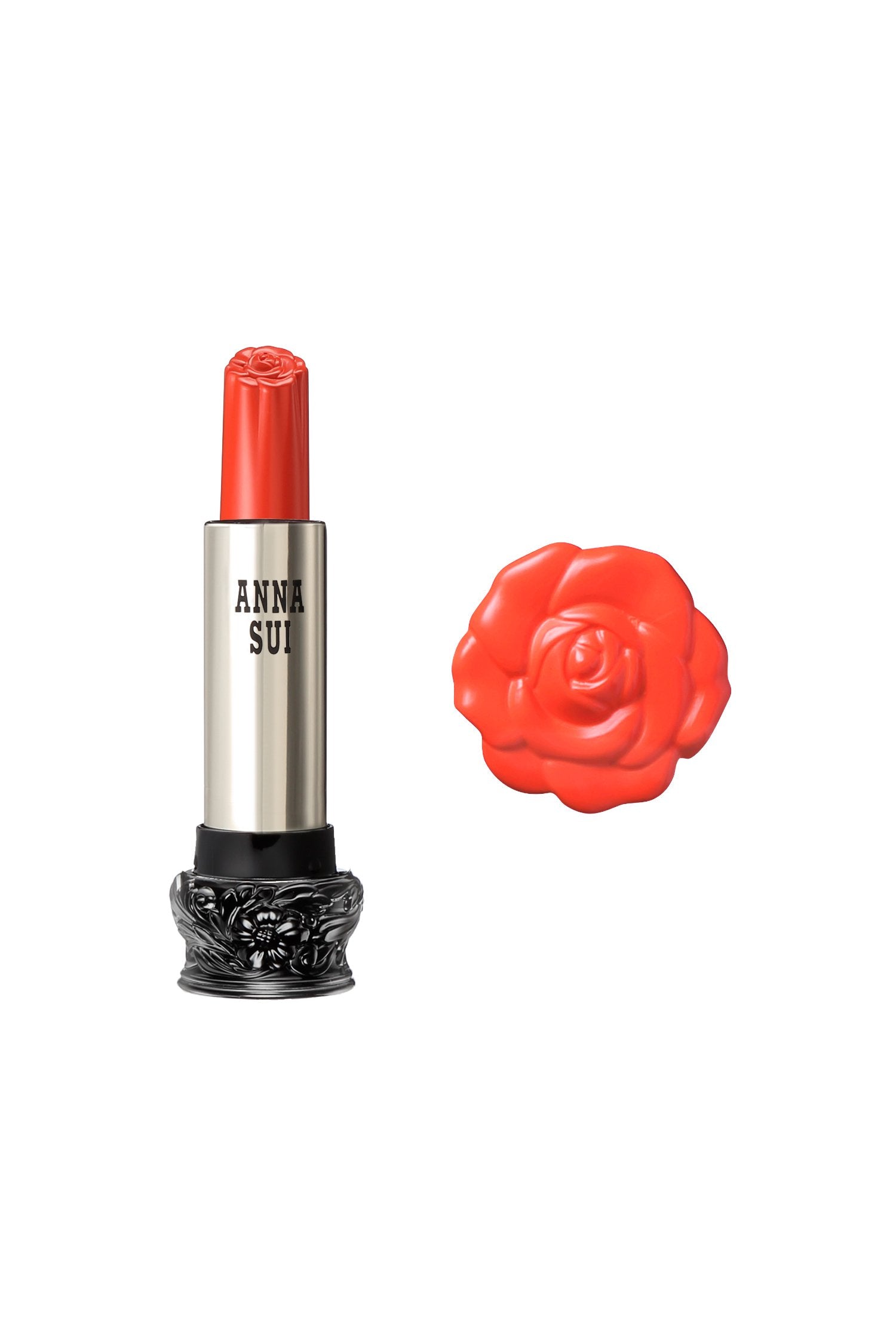 602 - Rouge à lèvres Bright Marigold F : Fairy Flower, dans un récipient cylindrique, large base noire, motif floral gravé, corps métallique