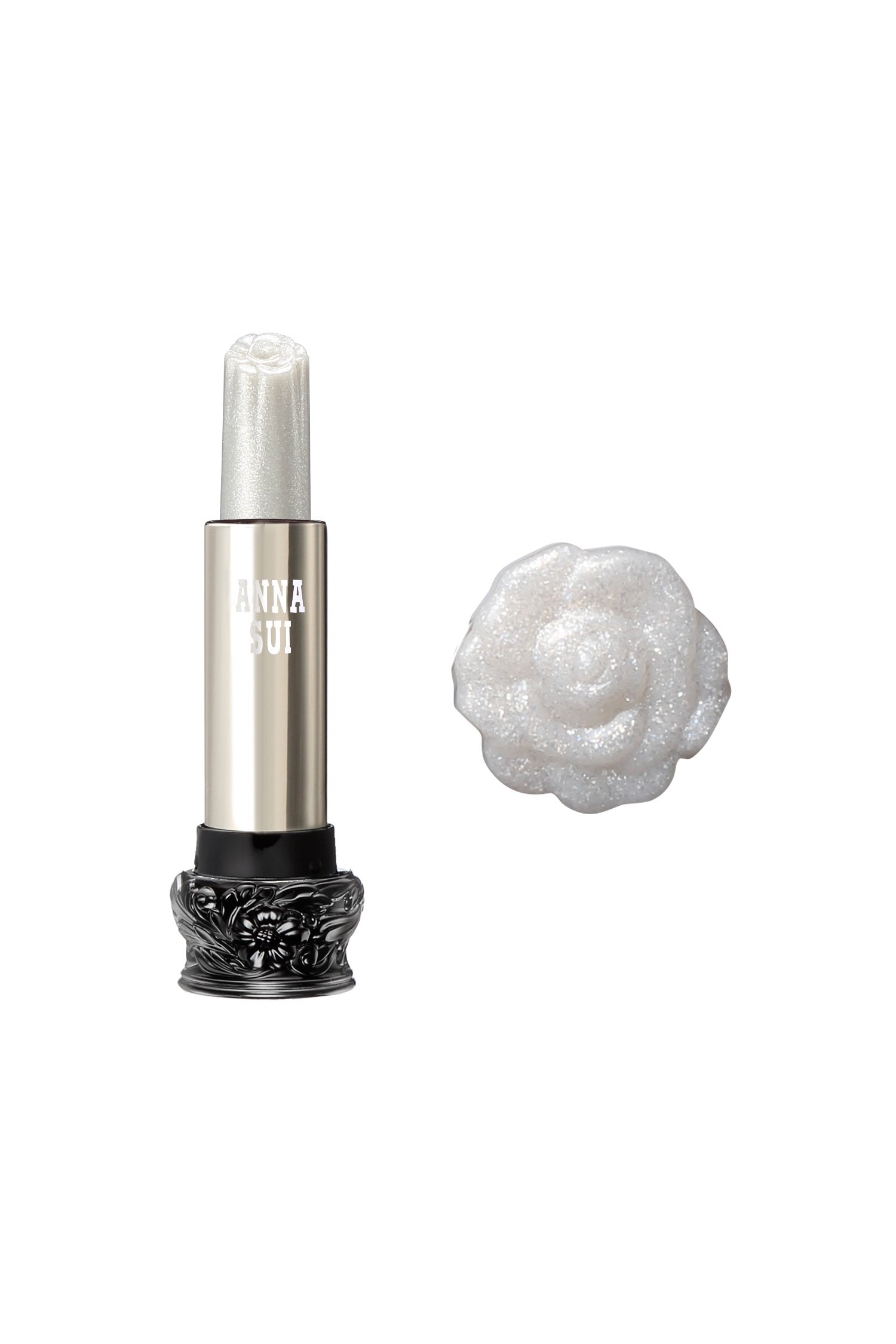 001 - Pearl White Daisy Lipstick S: Sheer Flower, cylindrical, large black base, engraved floral design, metallic body 