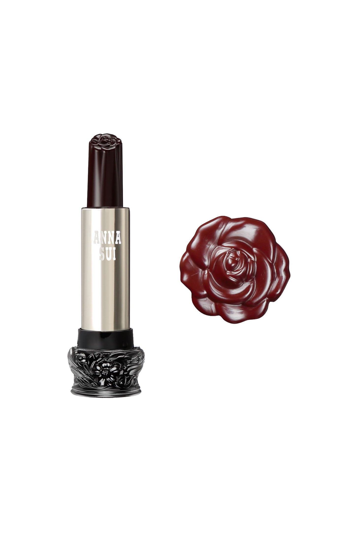 402-Plum Red Dahila Lipstick S: Sheer Flower, cylindrical, large black base, engraved floral design, metallic body 
