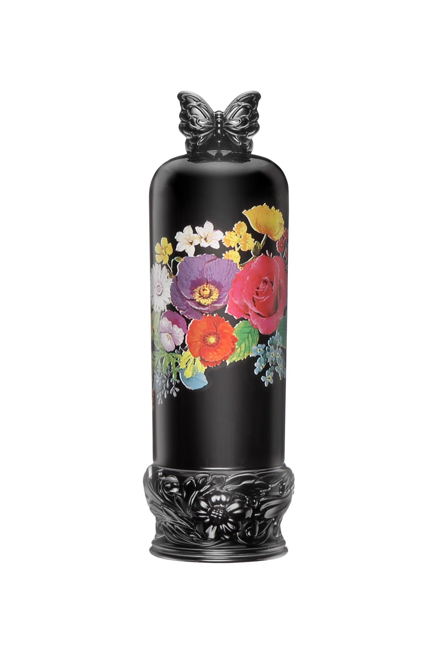 Closed, black cylindrical container, butterfly on top, large base, engraved floral design, cap with colorful floral design