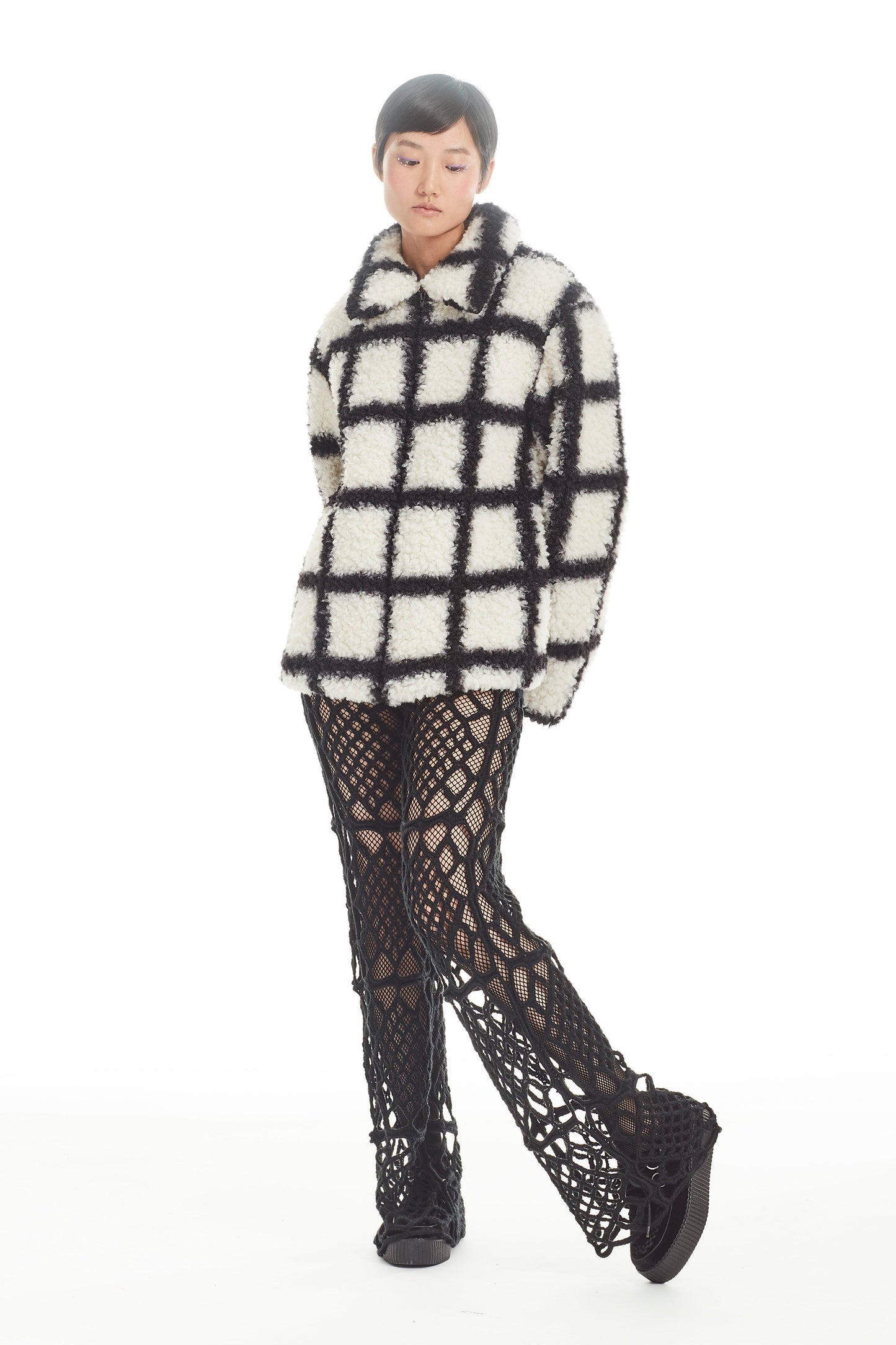 Windowpane Faux Fur Jacket Black is under hips long, comfortably fluffy, large flap collar
