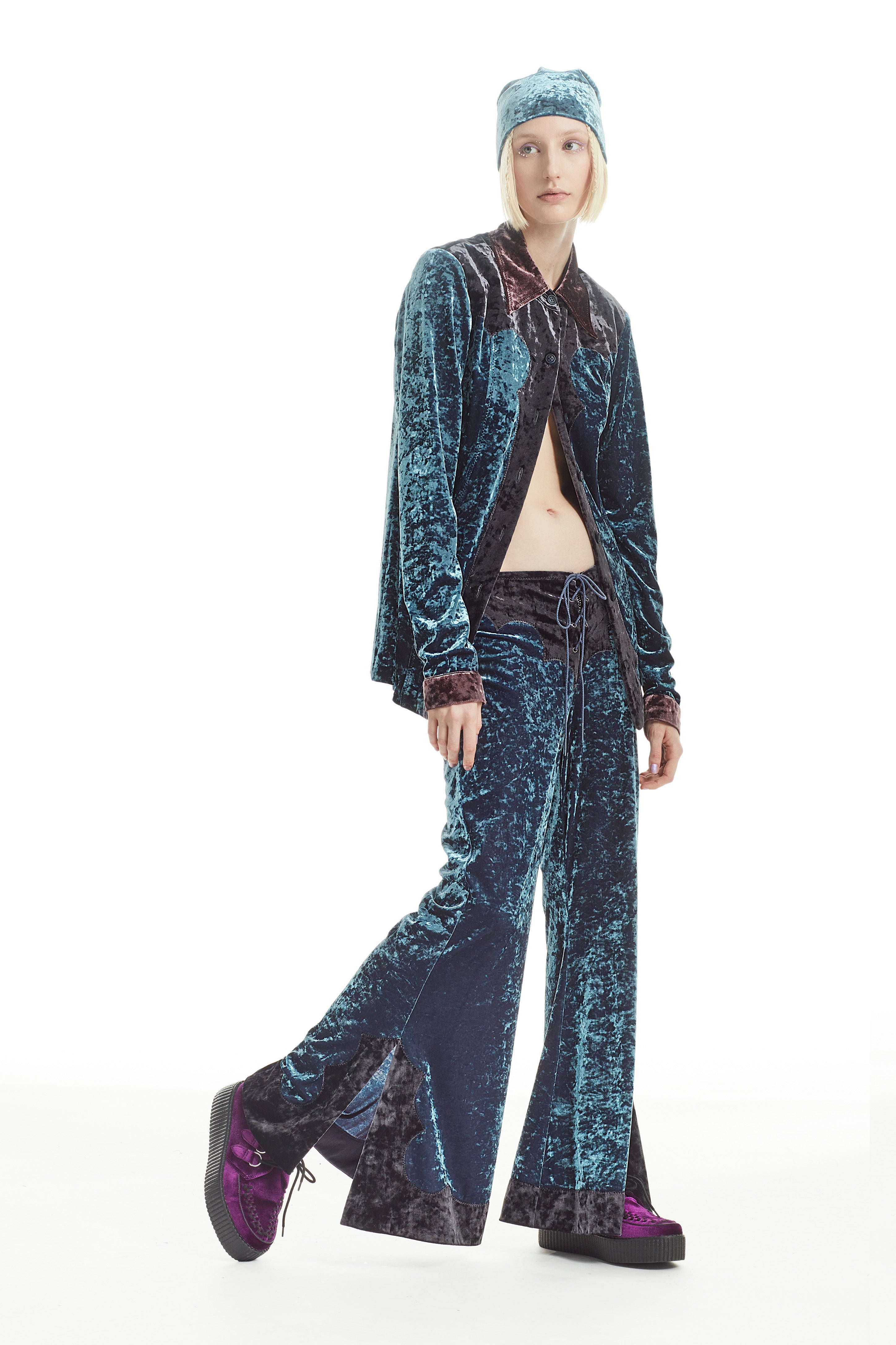 Color Block Stretch Velvet Pants<br> Slate Blue Multi - Anna Sui