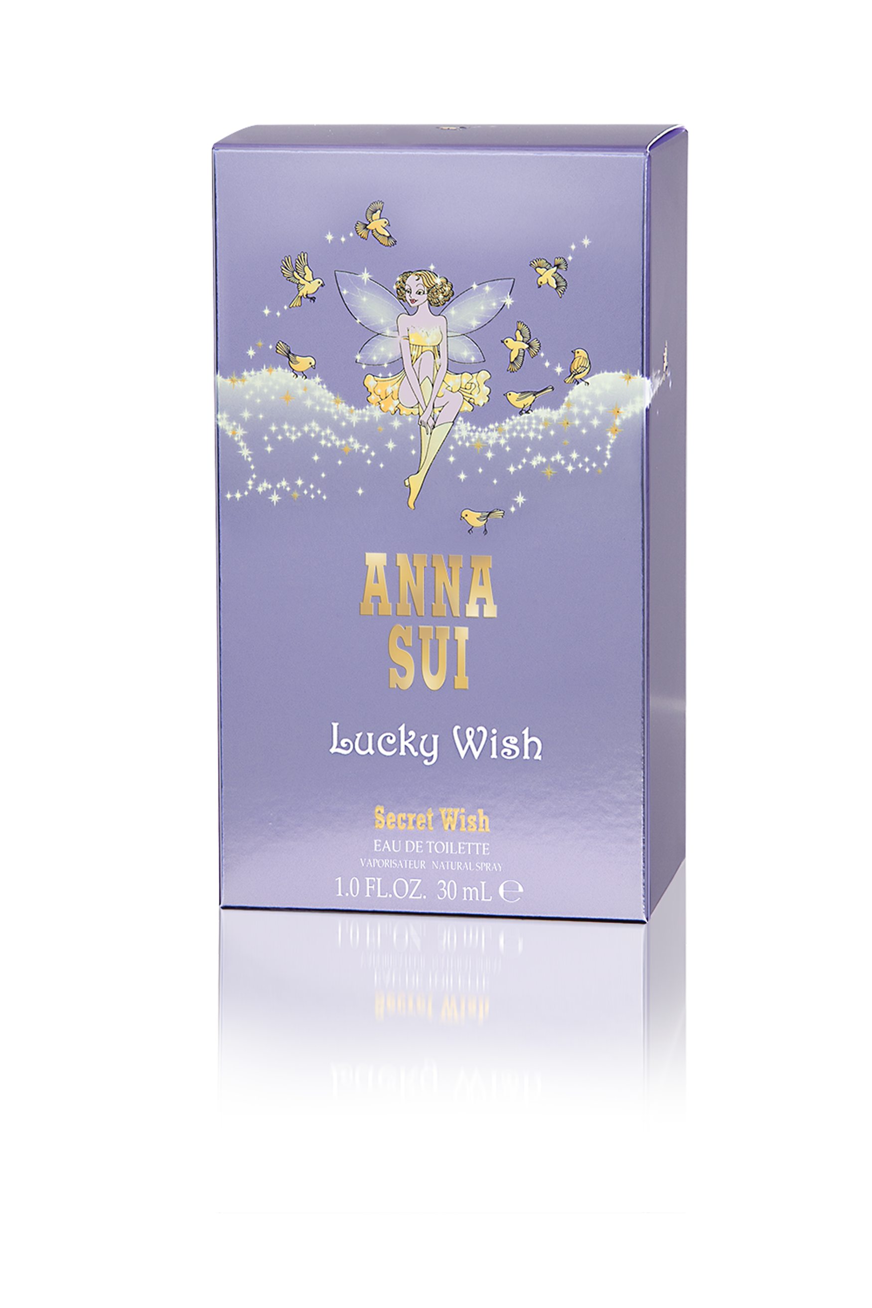 Purple box features an angel on a cloud with birds and stars, Anna Sui label, quantity at the bottom