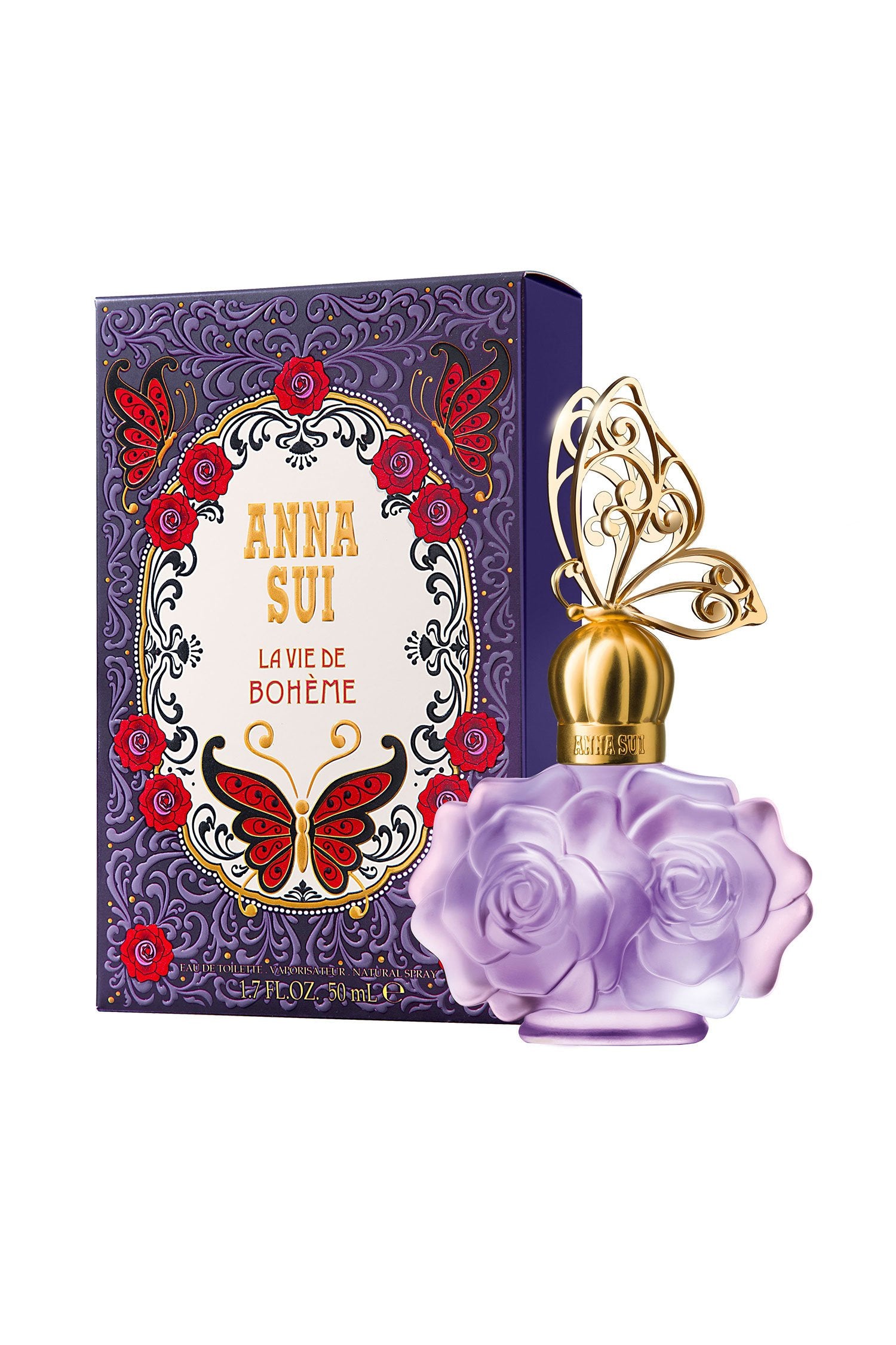 Violet roses bottle, cap of the sprayer is a golden butterfly on a dome, art deco box design