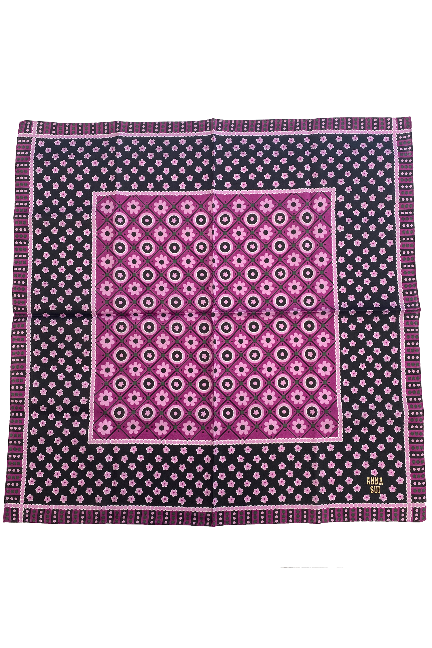 Handkerchief, center pink square pink flower then black with pink flowers, Anna’s label, pink border