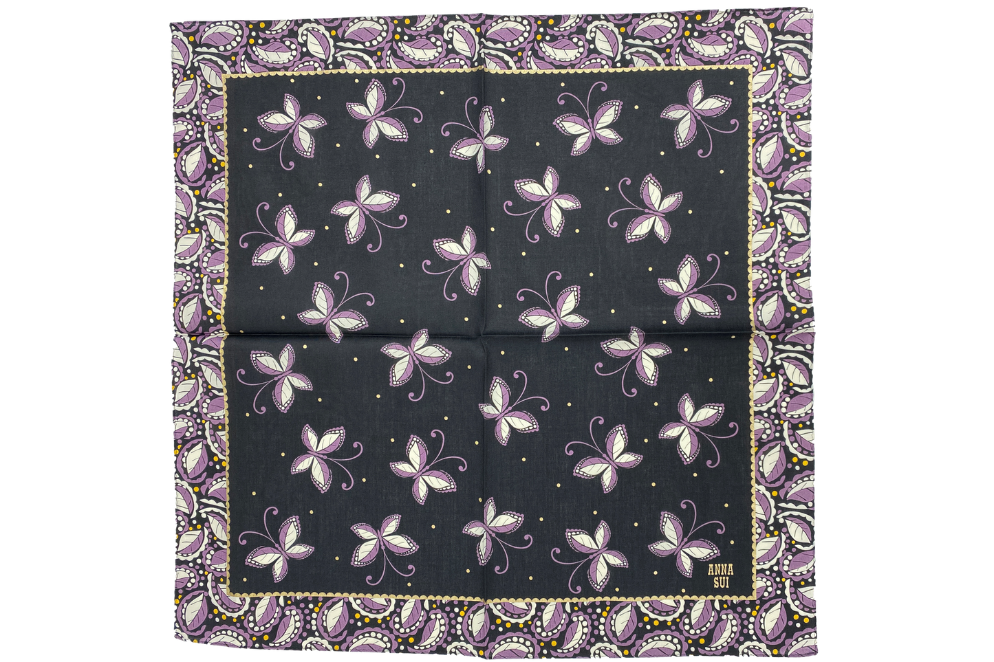 Handkerchief, squared black with pattern of purple/white butterfly, floral hue of purple border