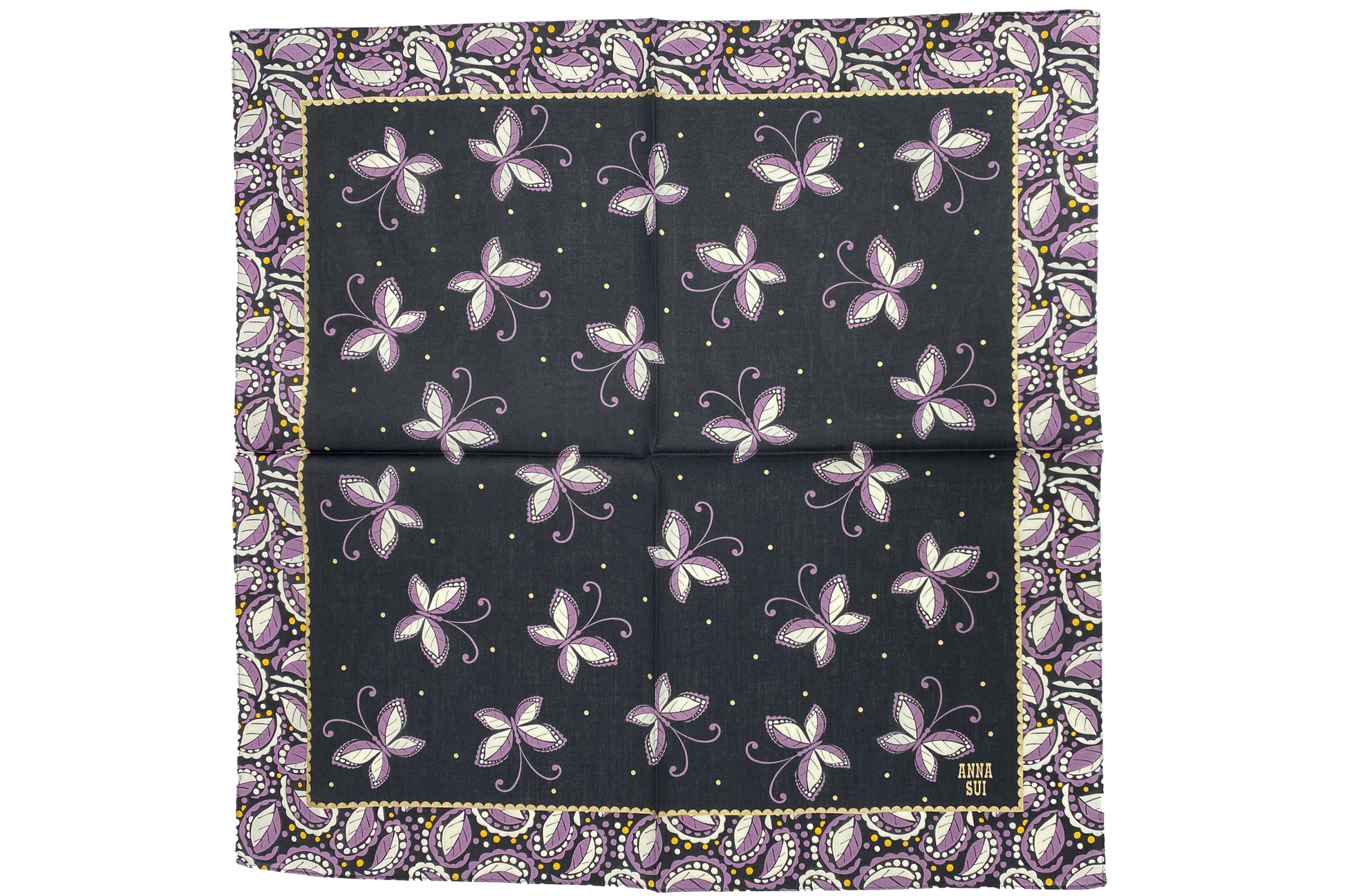 Handkerchief, squared black with pattern of purple/white butterfly, floral hue of purple border