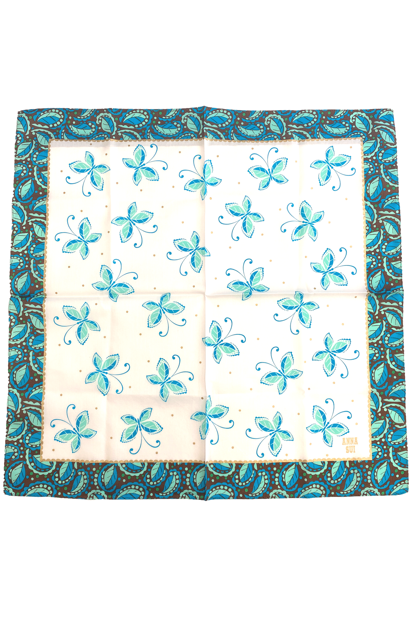 Handkerchief, squared white with pattern of green/blue butterfly floral brown/blue border