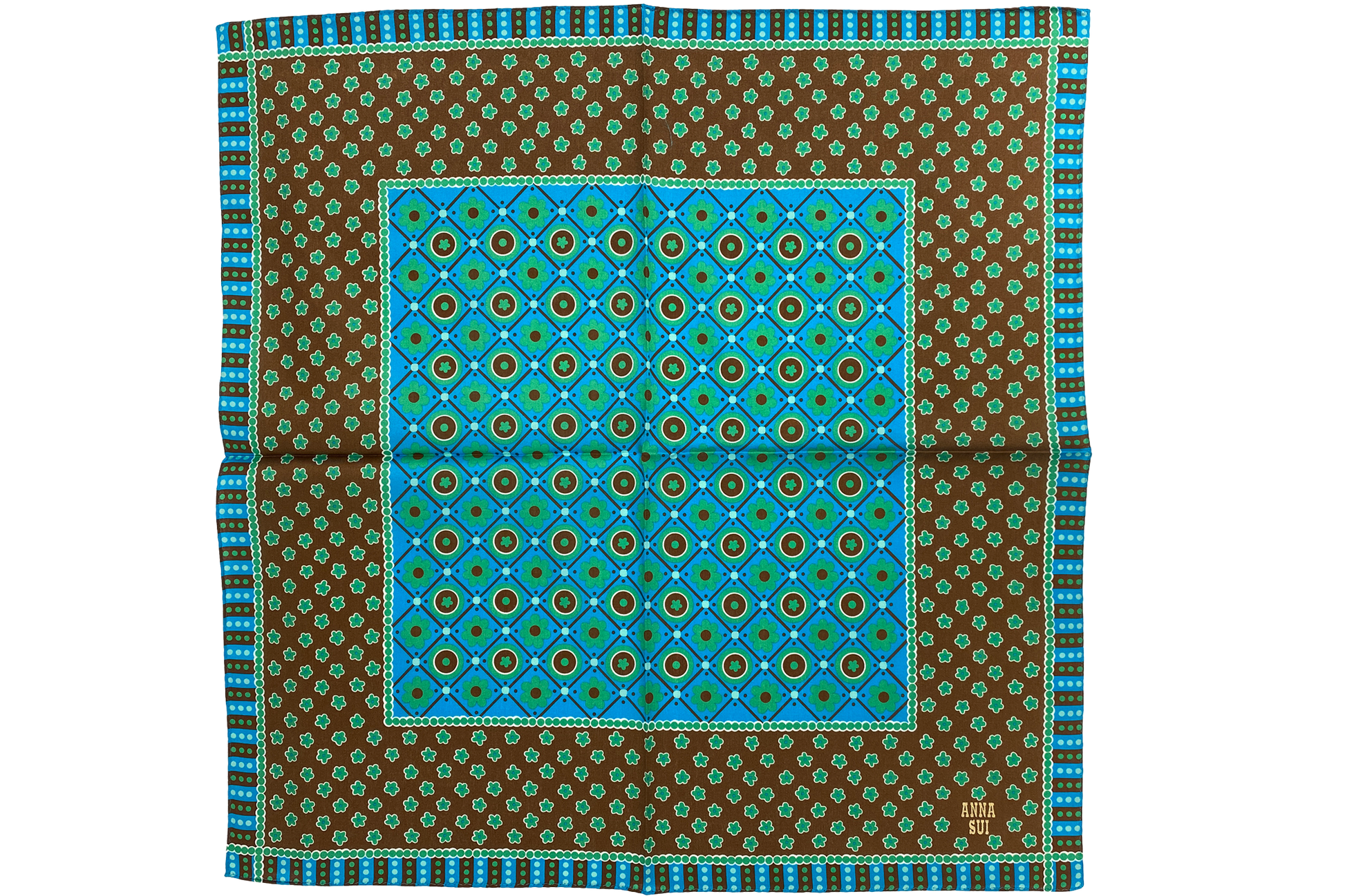 Handkerchief, center blue square green flower then brown with green flowers, Anna’s label