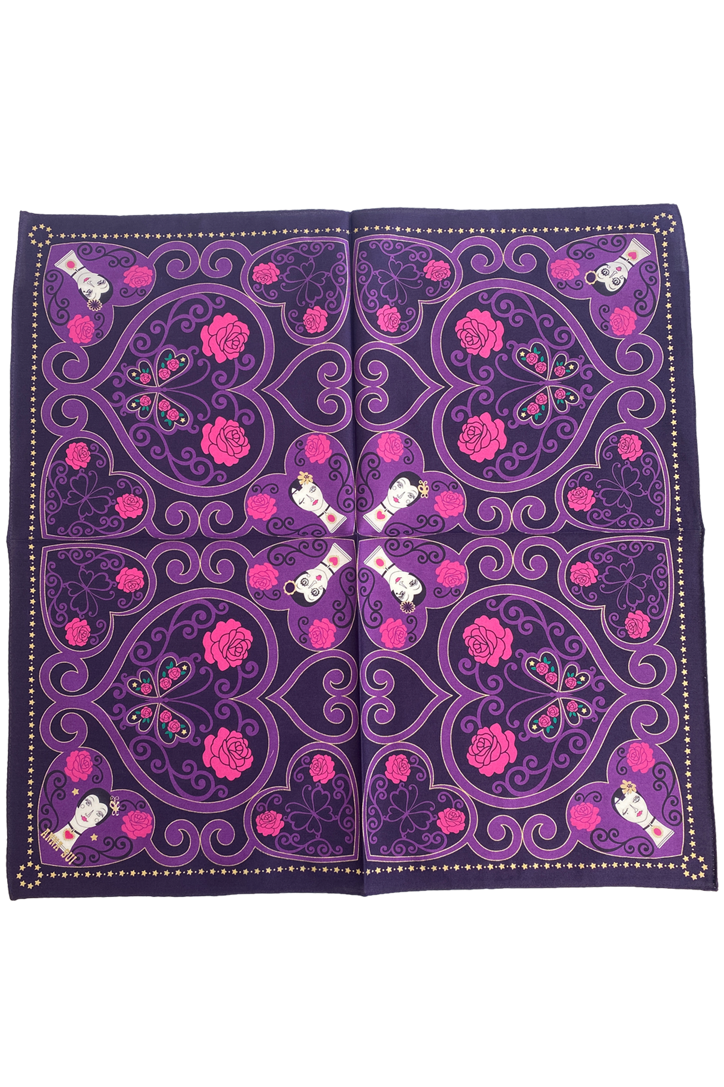 Handkerchief purple, purples hearts Anna’s dolly head, red roses in a corners and center, golden stars