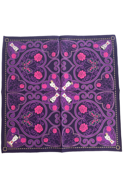 Handkerchief purple, purples hearts Anna’s dolly head, red roses in a corners and center, golden stars