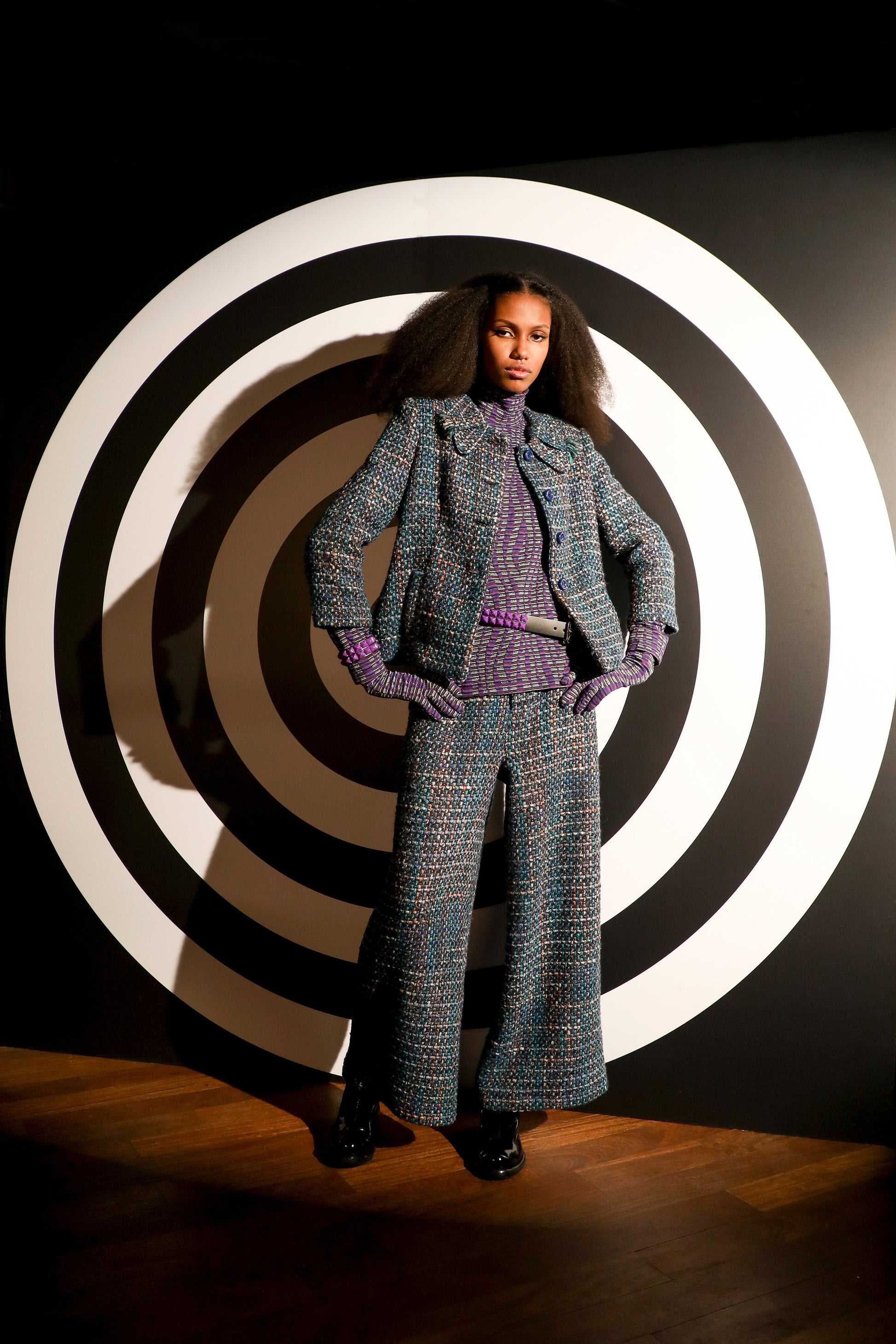 Multi Tweed Pants and vest Turquoise under the runway light